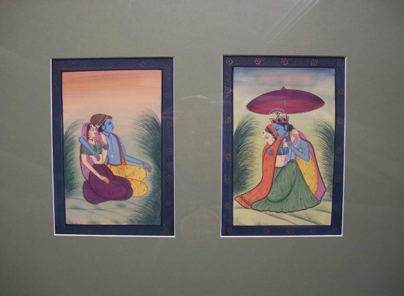 Vetro Coppia incorniciata di dipinti d'epoca dell'Asia meridionale - Gouache e doratura - 20° secolo in vendita