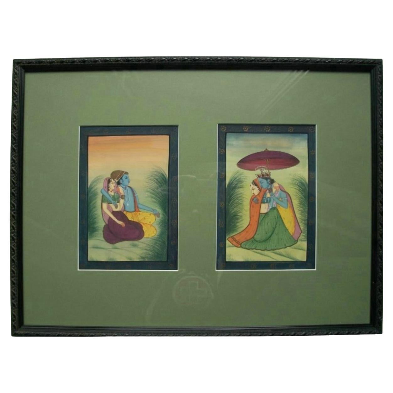 Coppia incorniciata di dipinti d'epoca dell'Asia meridionale - Gouache e doratura - 20° secolo