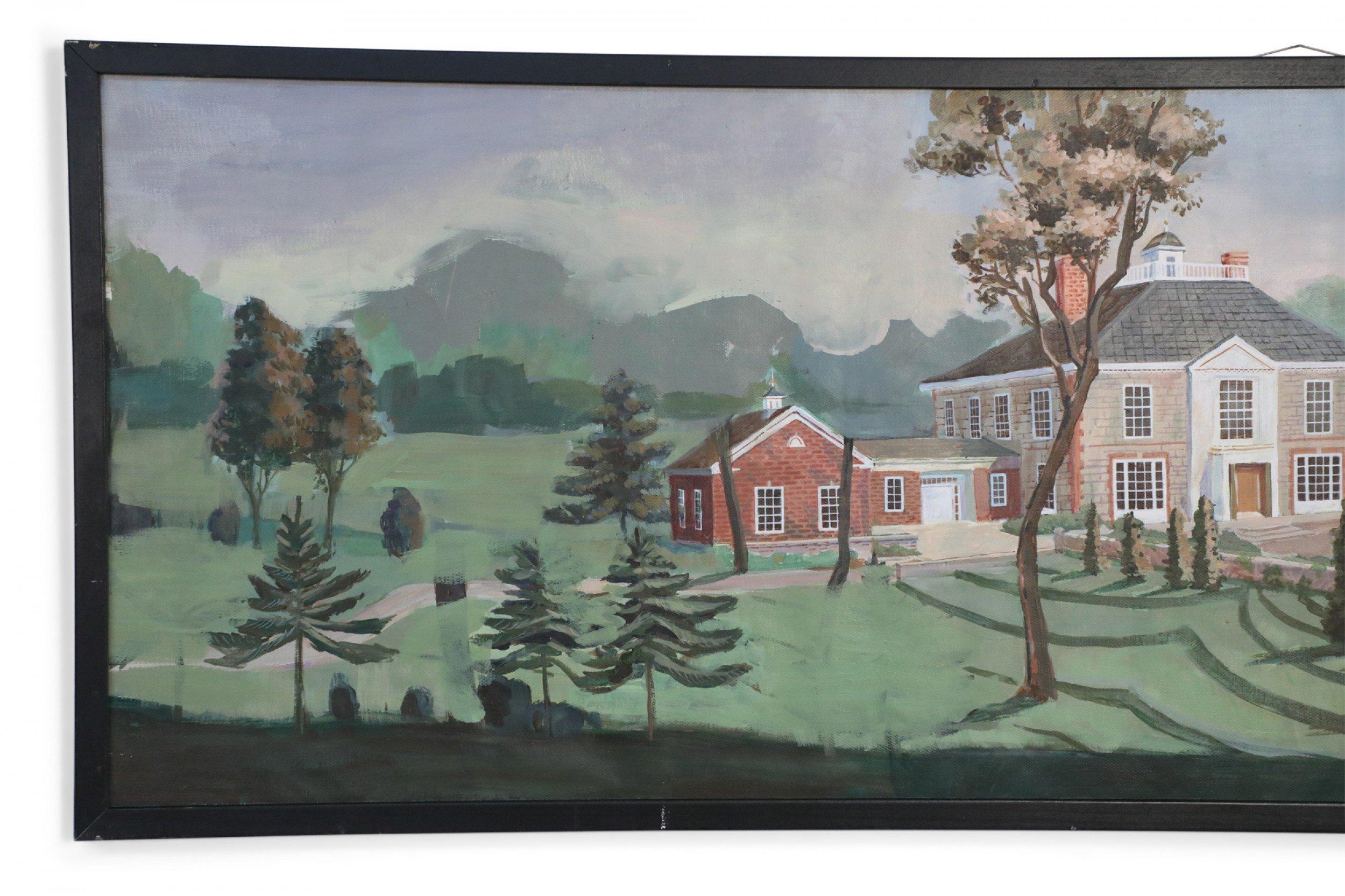 Vintage (20th century) panoramic landscape painting of a manor house and surrounding gardens on wide, narrow rectangular canvas in a black-painted wooden frame.