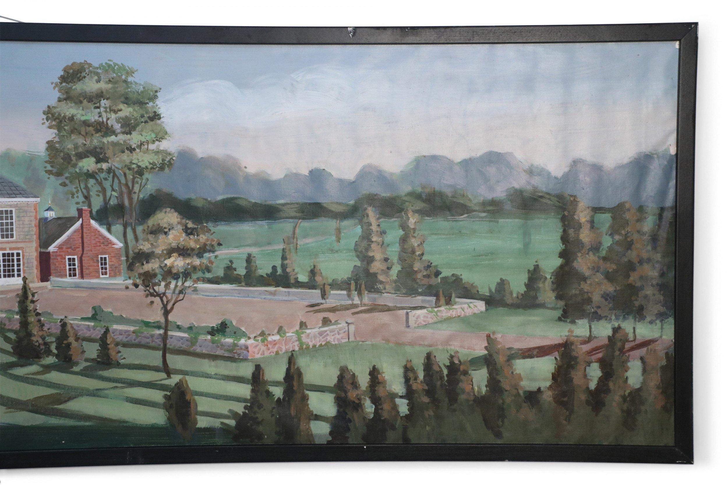 Mid-Century Modern Framed Panoramic Landscape and Manor House Painting For Sale