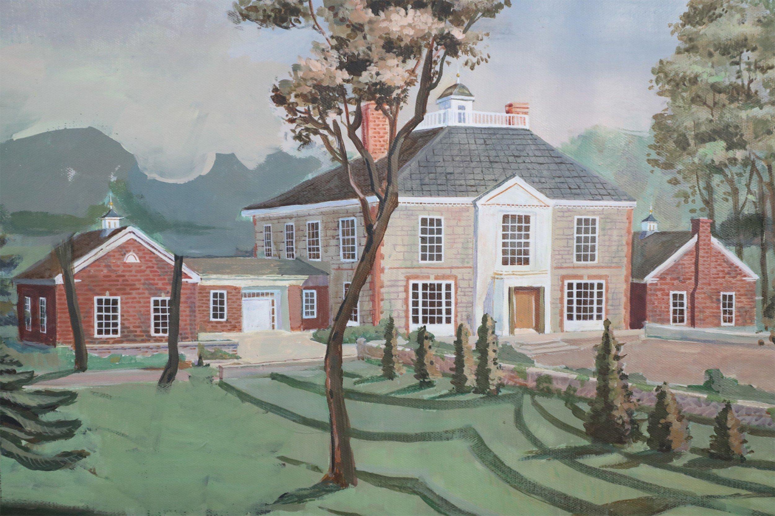 Américain Peinture de paysage et de maison de manoir encadrée en Panoramic en vente
