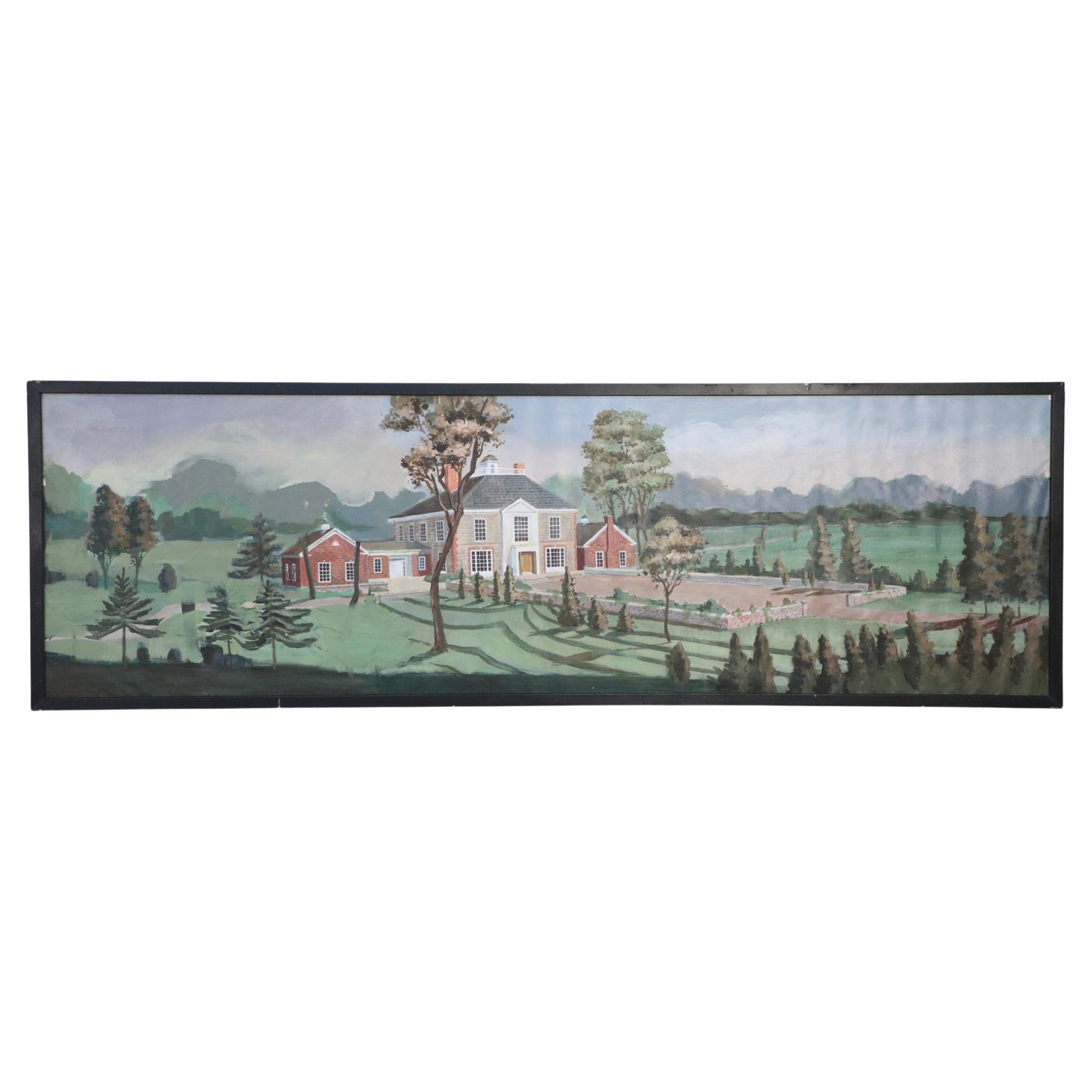 Framed Panoramic Landscape and Manor House Painting For Sale