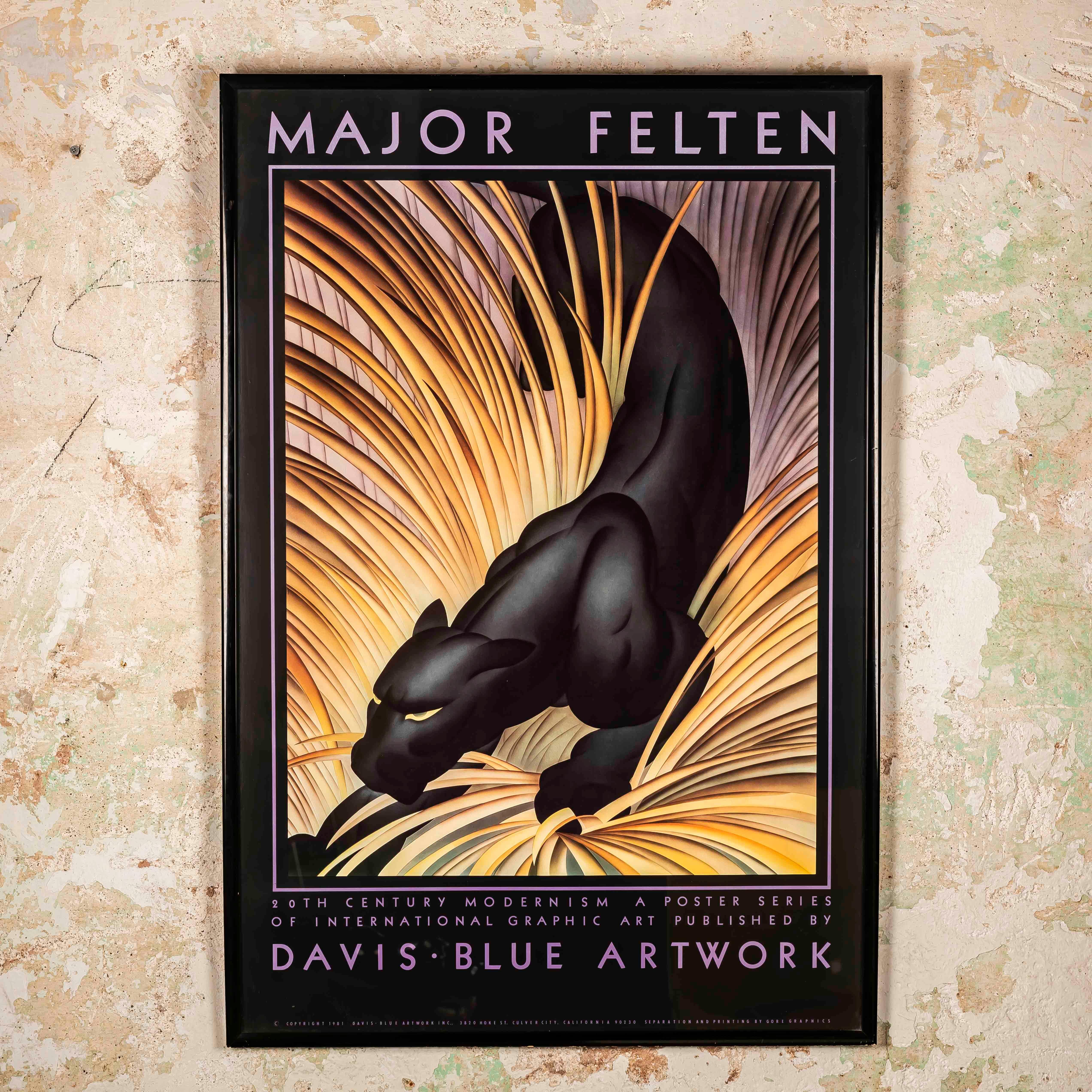 The Framed Panther Poster by Major Felten, printed by Davis.Blue Artwork in 1981, is a captivating addition to any art collection. This piece, created by the renowned artist Major Felten, captures the bold and enigmatic essence of a panther, making