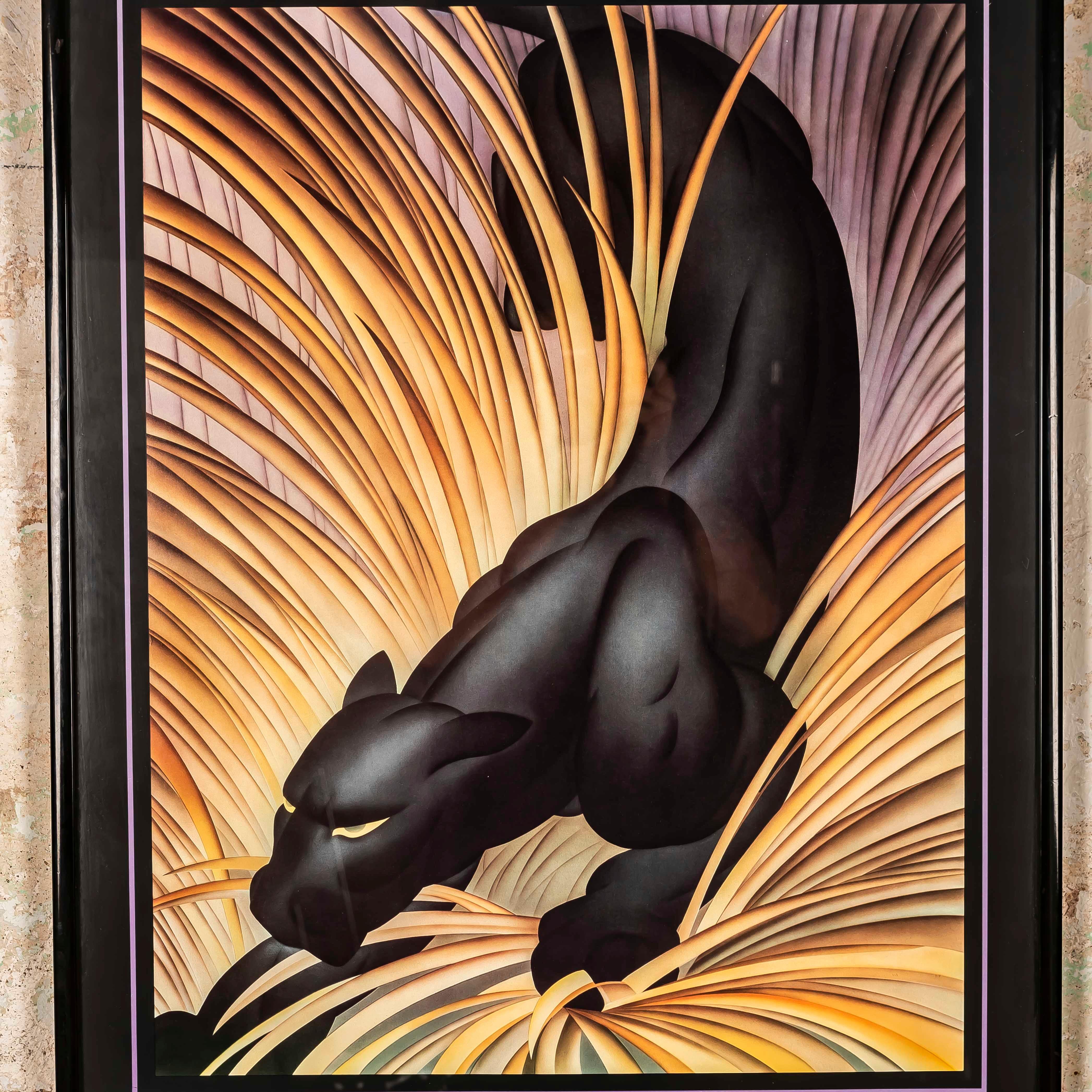 Framed Panther Poster by Major Felten Printed by Davis.Blue Artwork 1981 In Good Condition In BARCELONA, ES