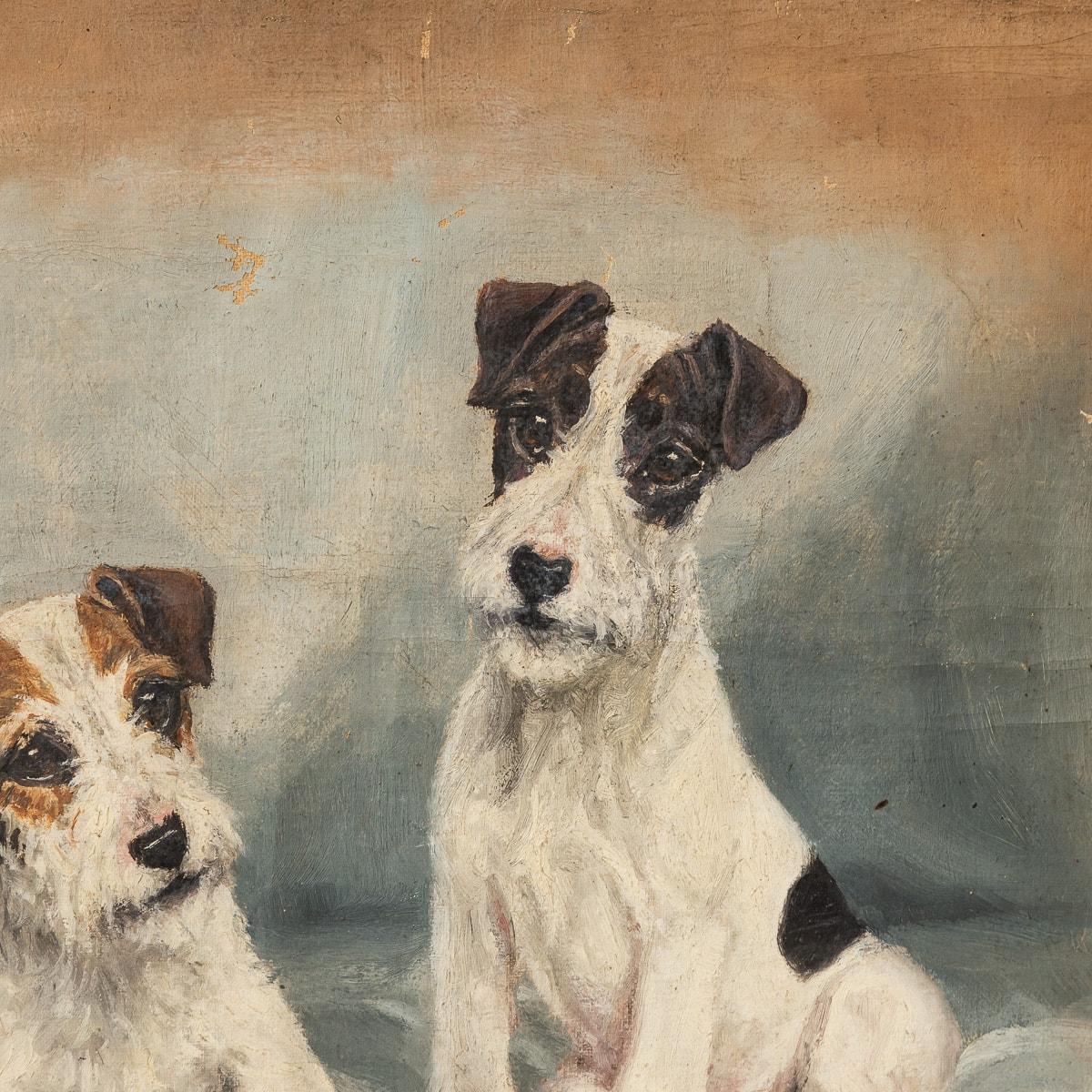 Ein Werk von Frederick Thomas Daws aus dem 20. Jahrhundert in Öl auf Leinwand, das ein Paar Parsons Russell Terrier-Welpen darstellt.

Daws, der für seine Darstellungen von Champion-Hunden berühmt ist, begann mit diesem Werk, ließ es aber