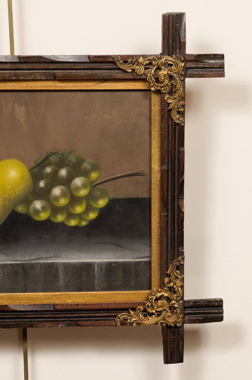Framed Pastel Still-life Painting of Grapes & Pear, Late 19th Century For Sale 1