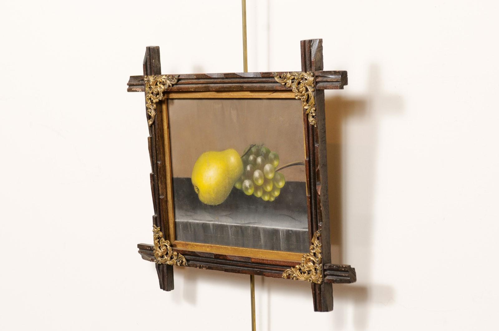 Framed Pastel Still-life Painting of Grapes & Pear, Late 19th Century For Sale 3