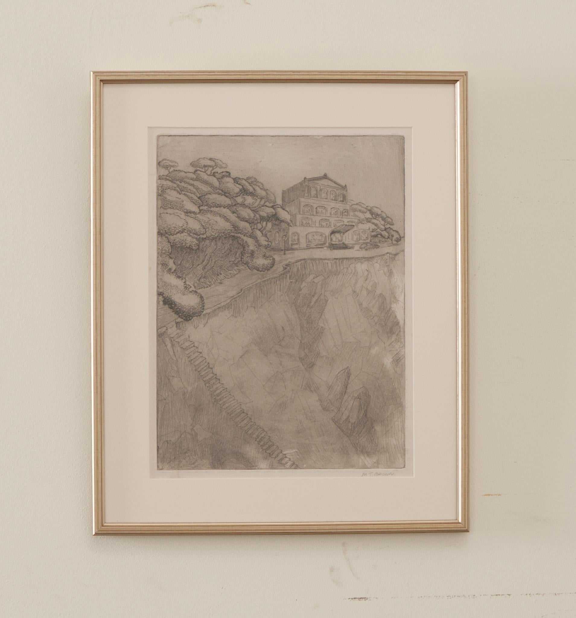 An ink and pencil landscape drawing from England signed by M.T. Brown. Recently matted and framed, this drawing has the viewer standing close to see all the well rendered details, fine lines and shading. The imagery is an interesting scene depicting
