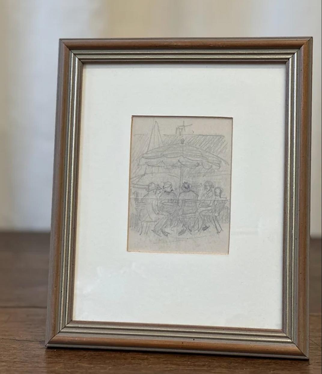 Framed Pencil Drawing, Table Company By Otto Pipel In Good Condition For Sale In London, England