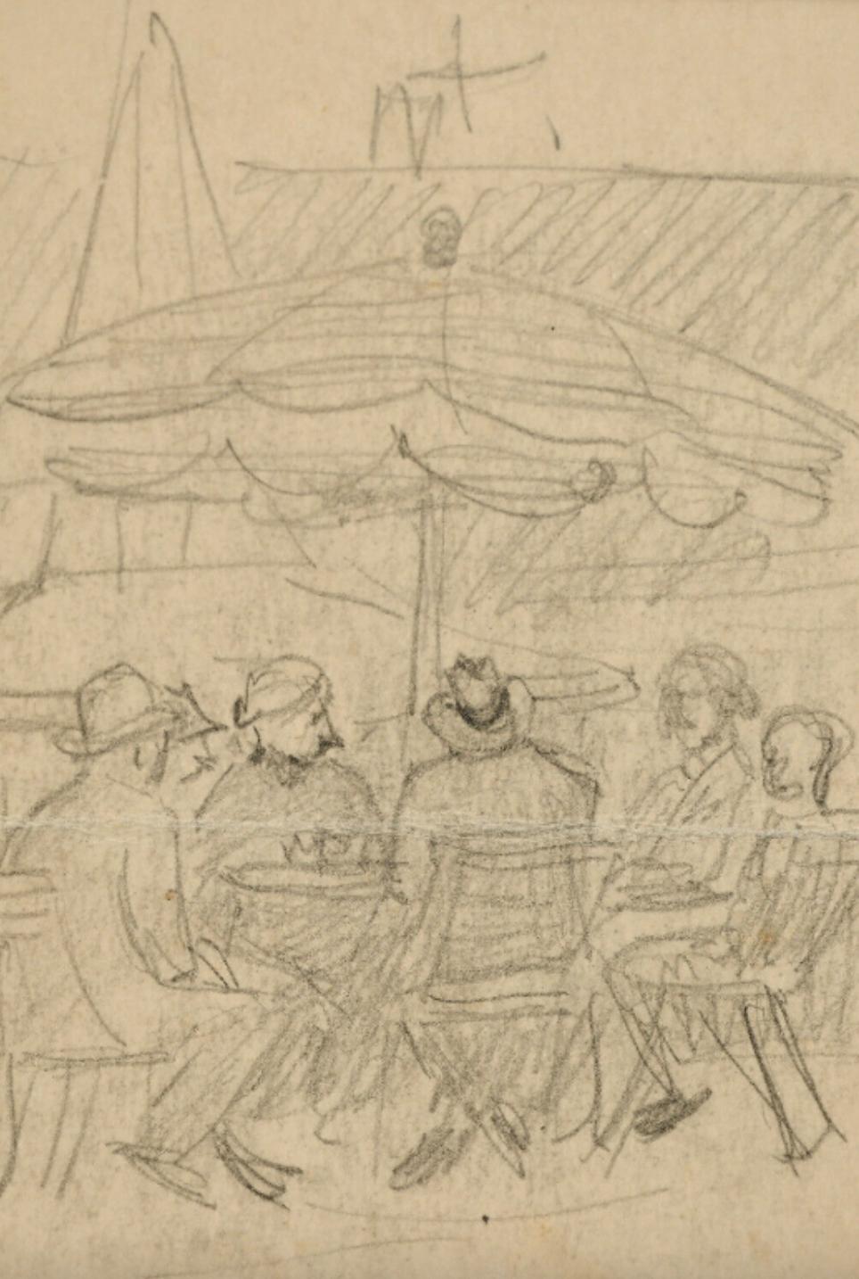20th Century Framed Pencil Drawing, Table Company By Otto Pipel For Sale