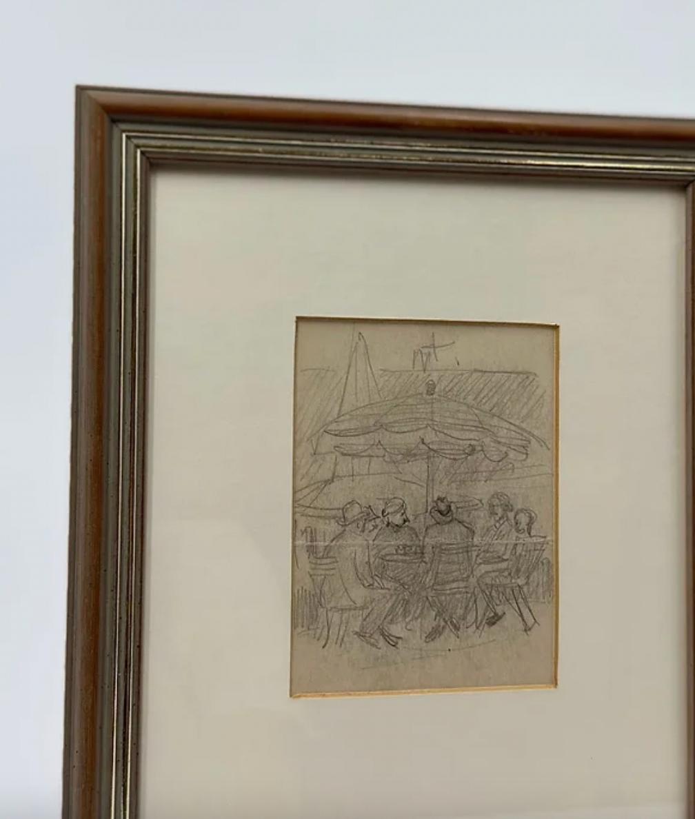 Framed Pencil Drawing, Table Company By Otto Pipel For Sale 1