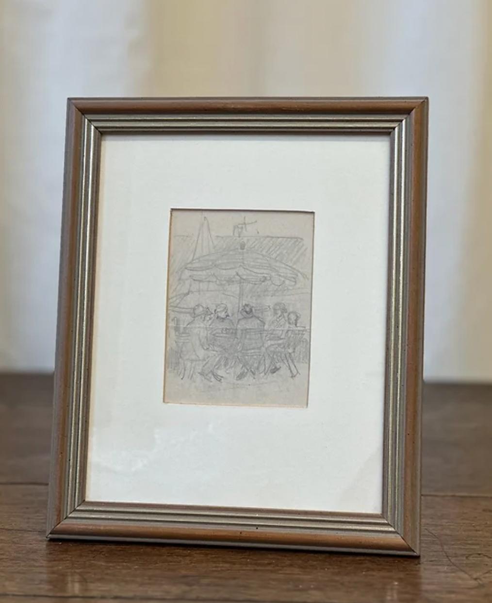 Framed Pencil Drawing, Table Company By Otto Pipel For Sale 2