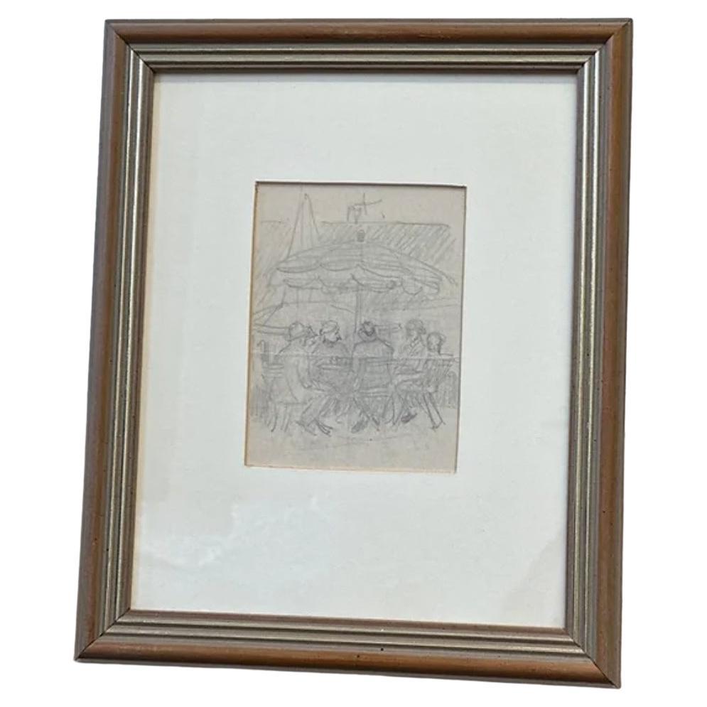 Framed Pencil Drawing, Table Company By Otto Pipel For Sale