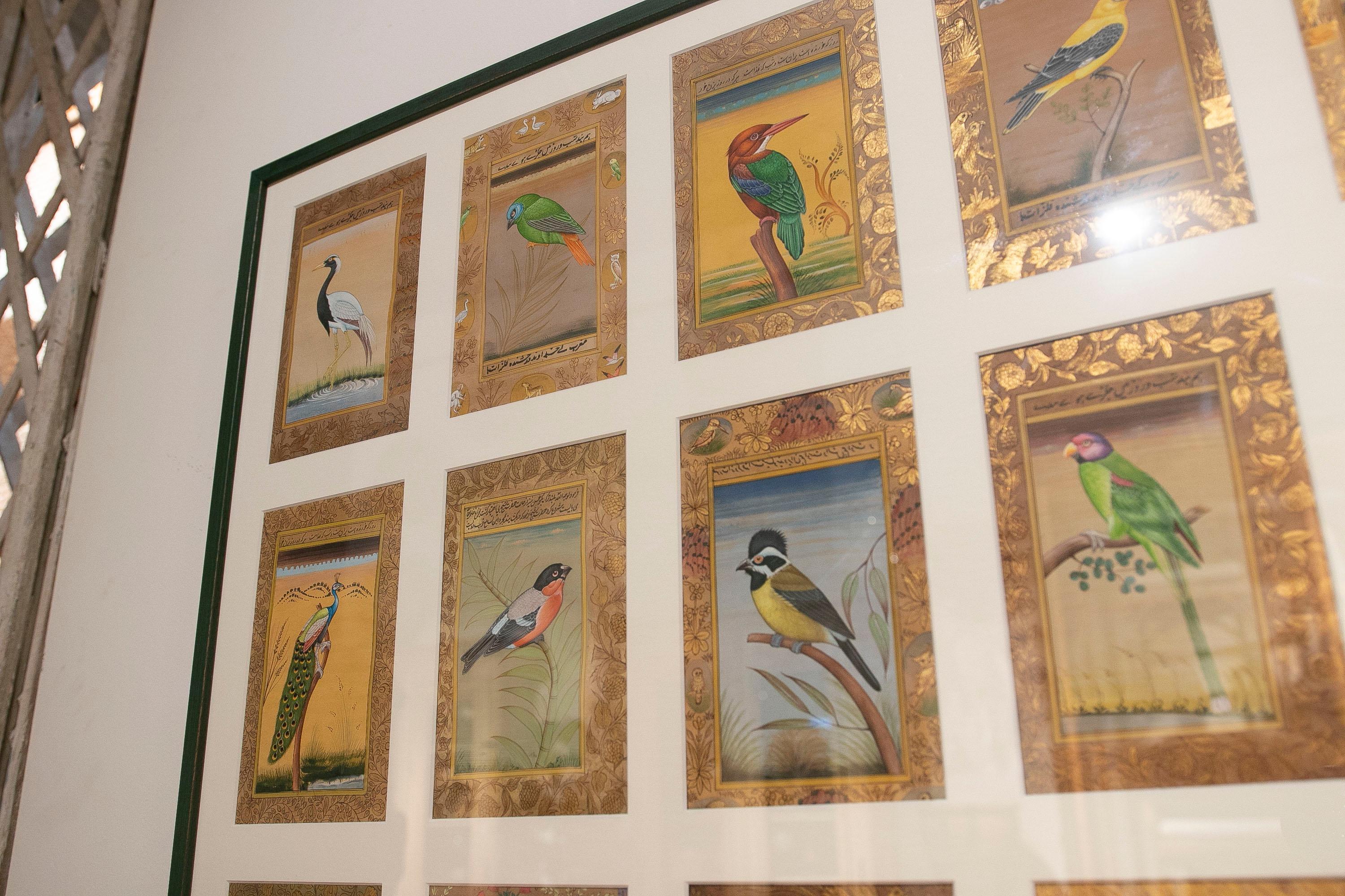 Framed Picture Composed of Twenty-Eight Hand-Painted Bird Pictures 12