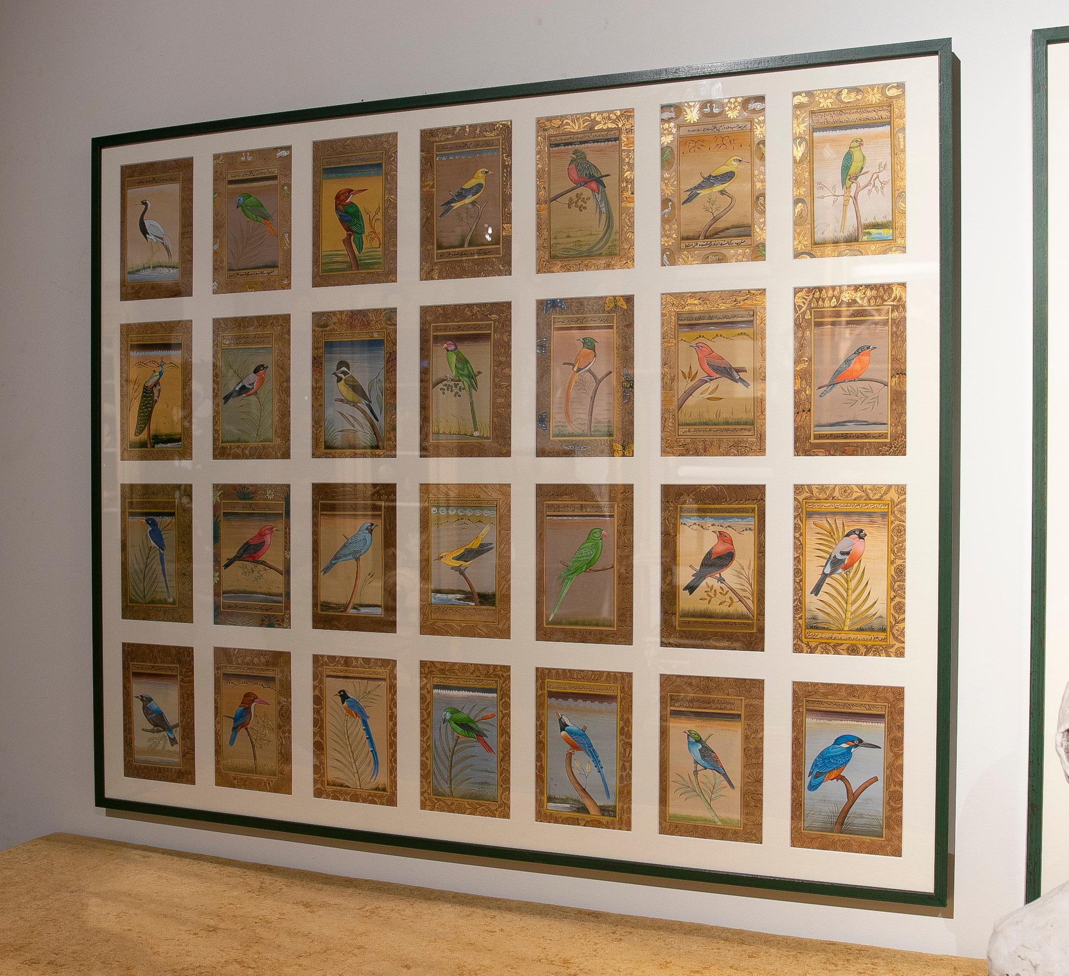 Indian Framed Picture Composed of Twenty-Eight Hand-Painted Bird Pictures