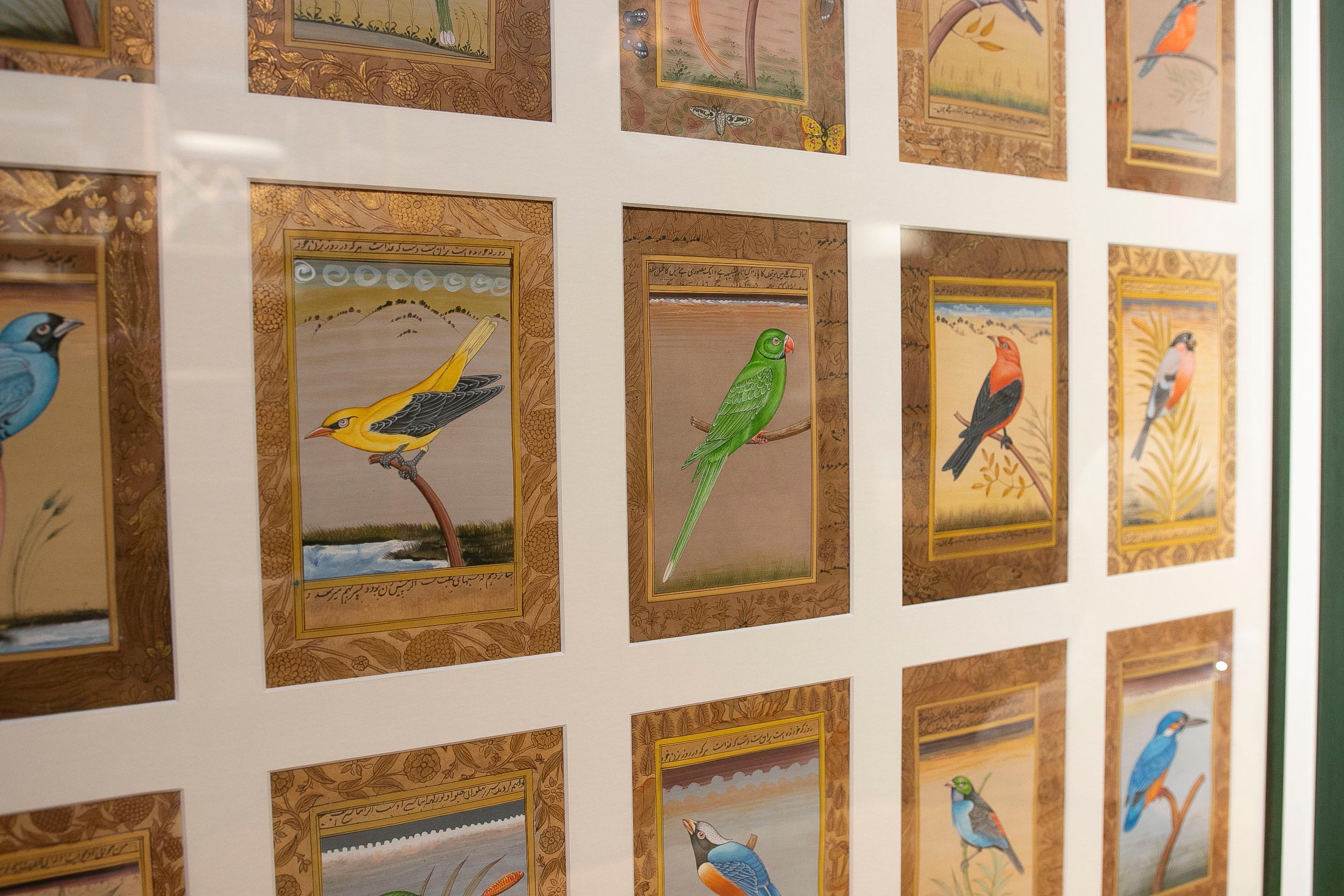 20th Century Framed Picture Composed of Twenty-Eight Hand-Painted Bird Pictures