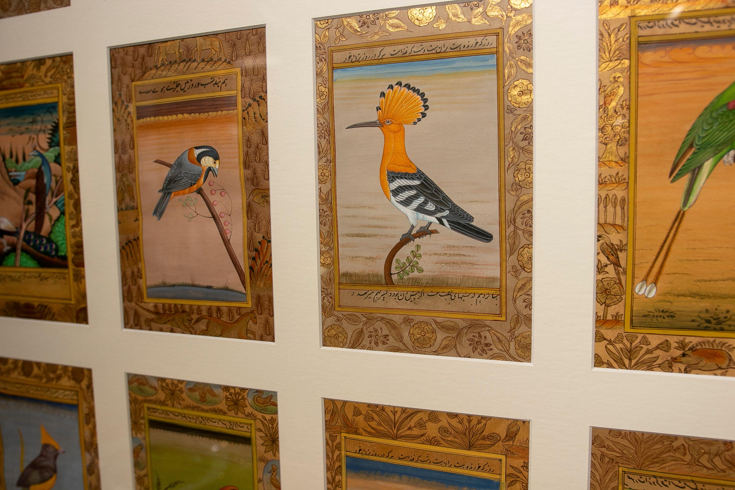 20th Century Framed Picture Composed of Twenty-Eight Hand-Painted Bird Pictures