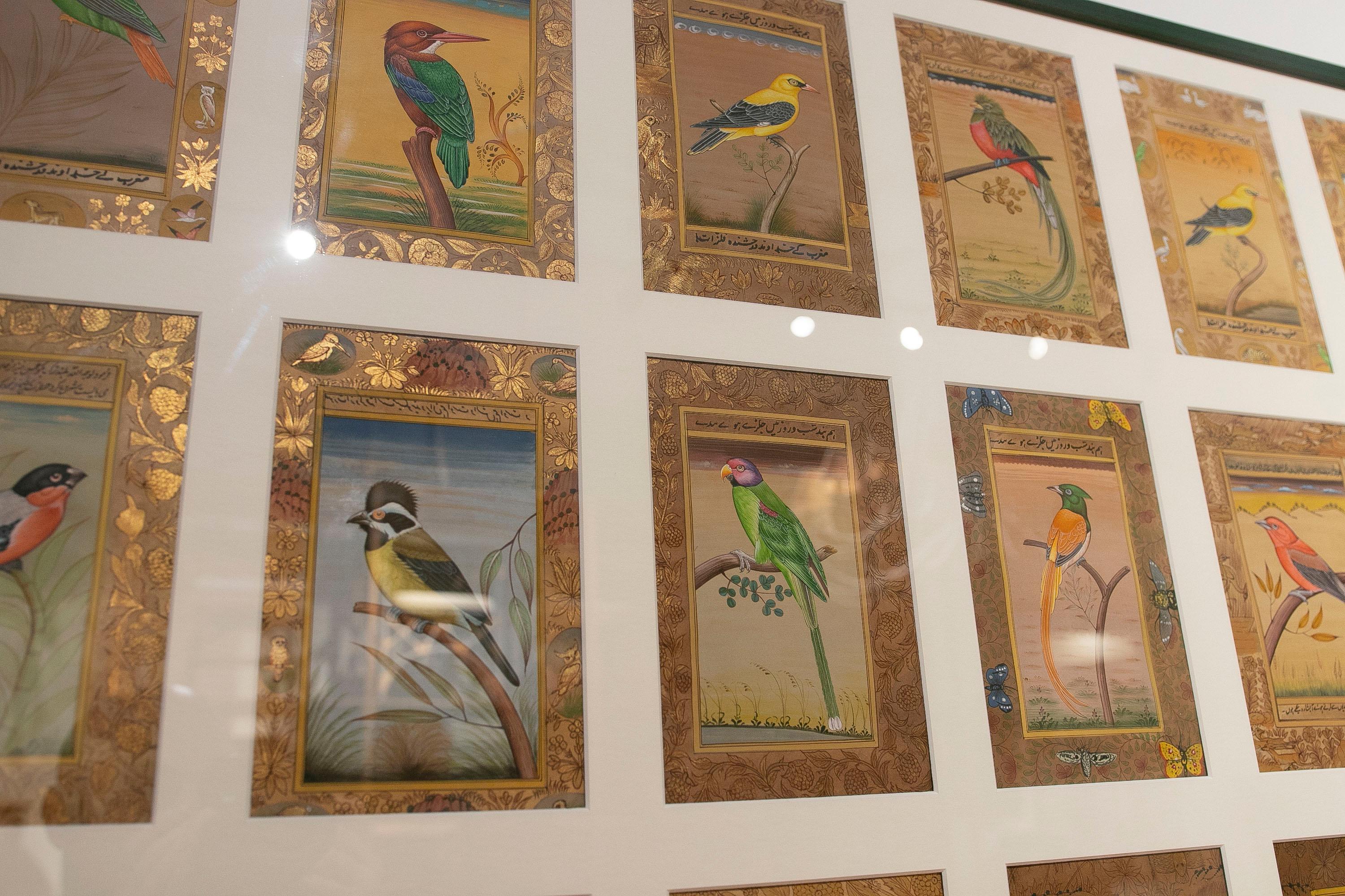 Glass Framed Picture Composed of Twenty-Eight Hand-Painted Bird Pictures