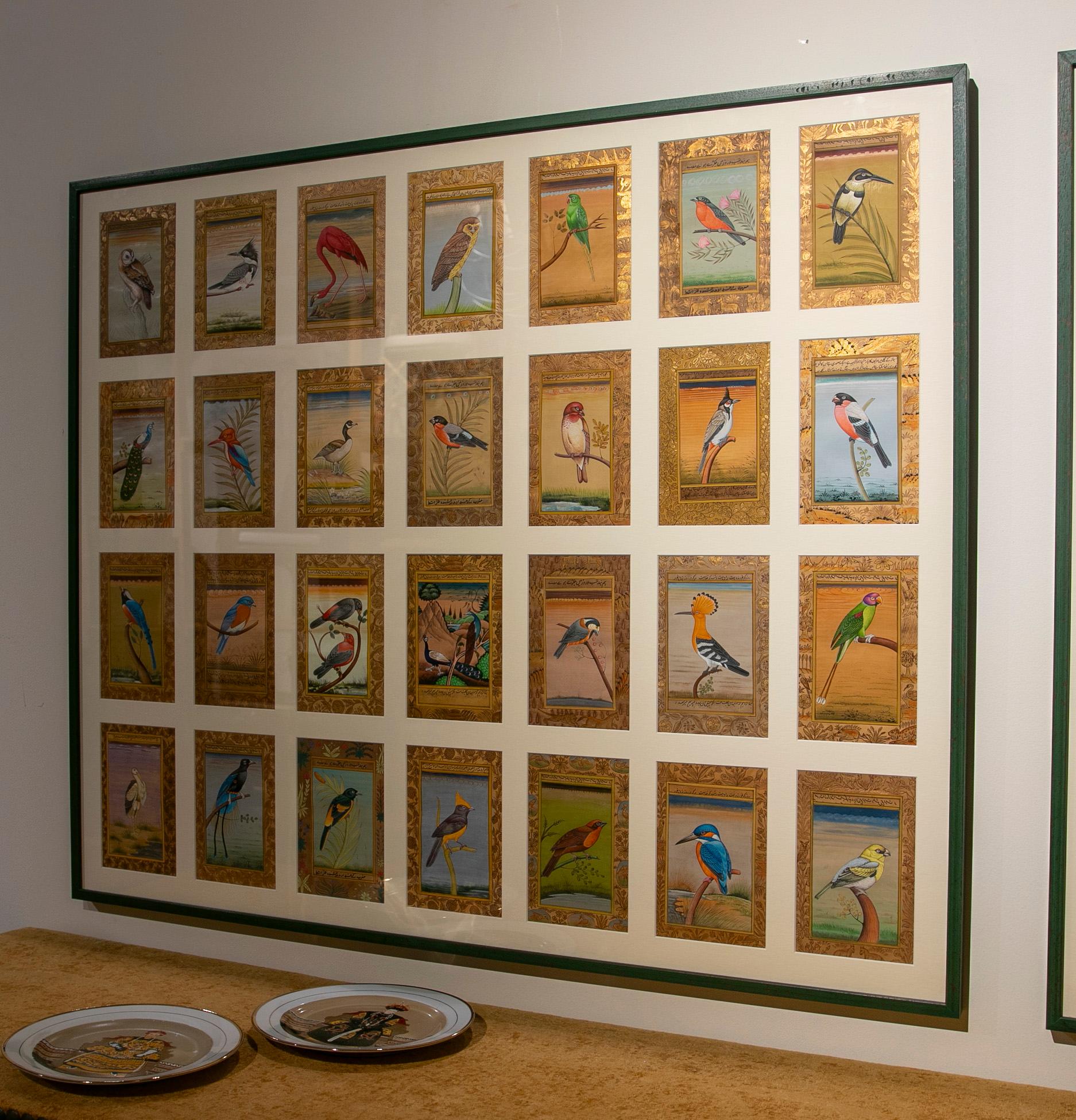 Framed Picture Composed of Twenty-Eight Hand-Painted Bird Pictures 2
