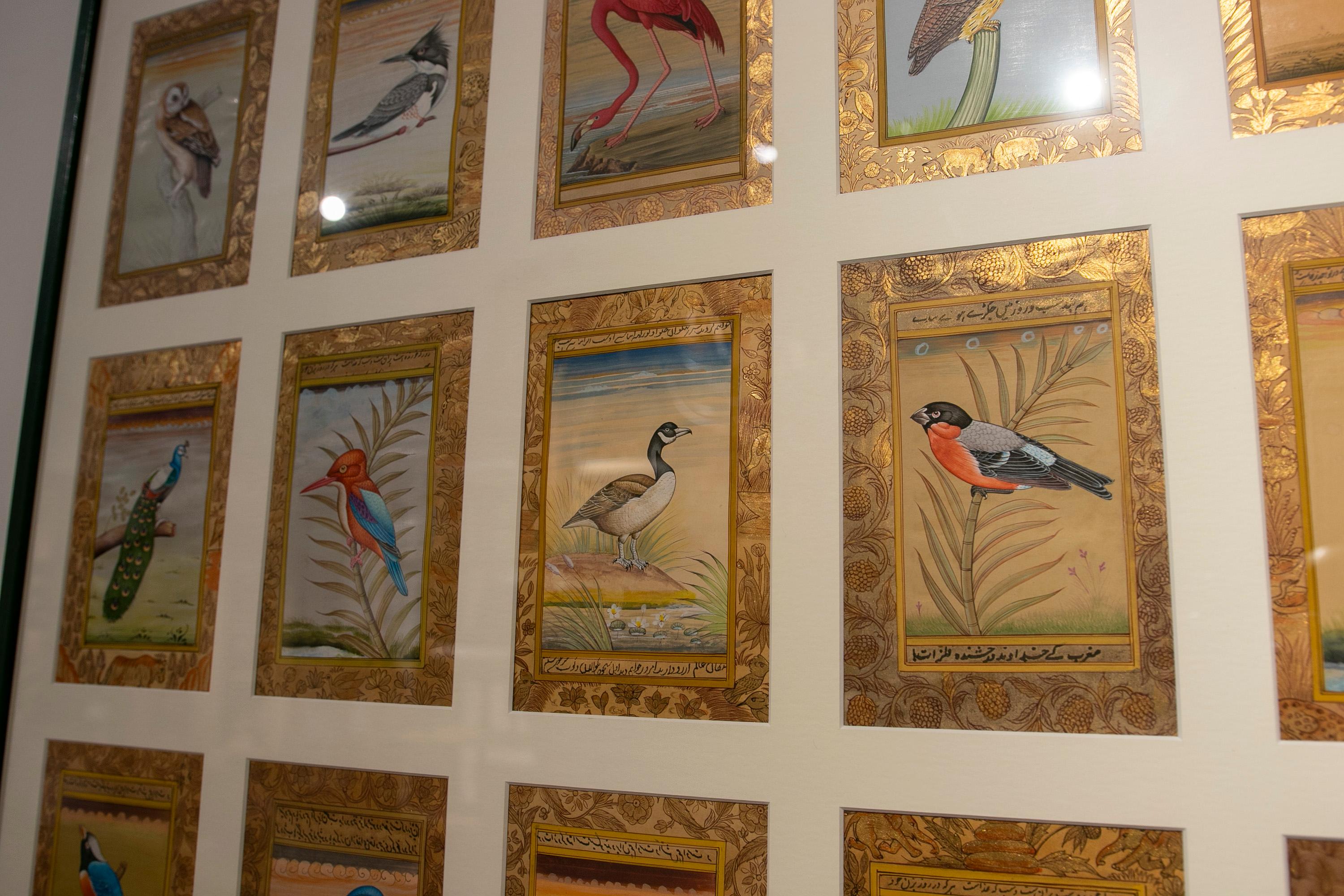 Framed Picture Composed of Twenty-Eight Hand-Painted Bird Pictures 4