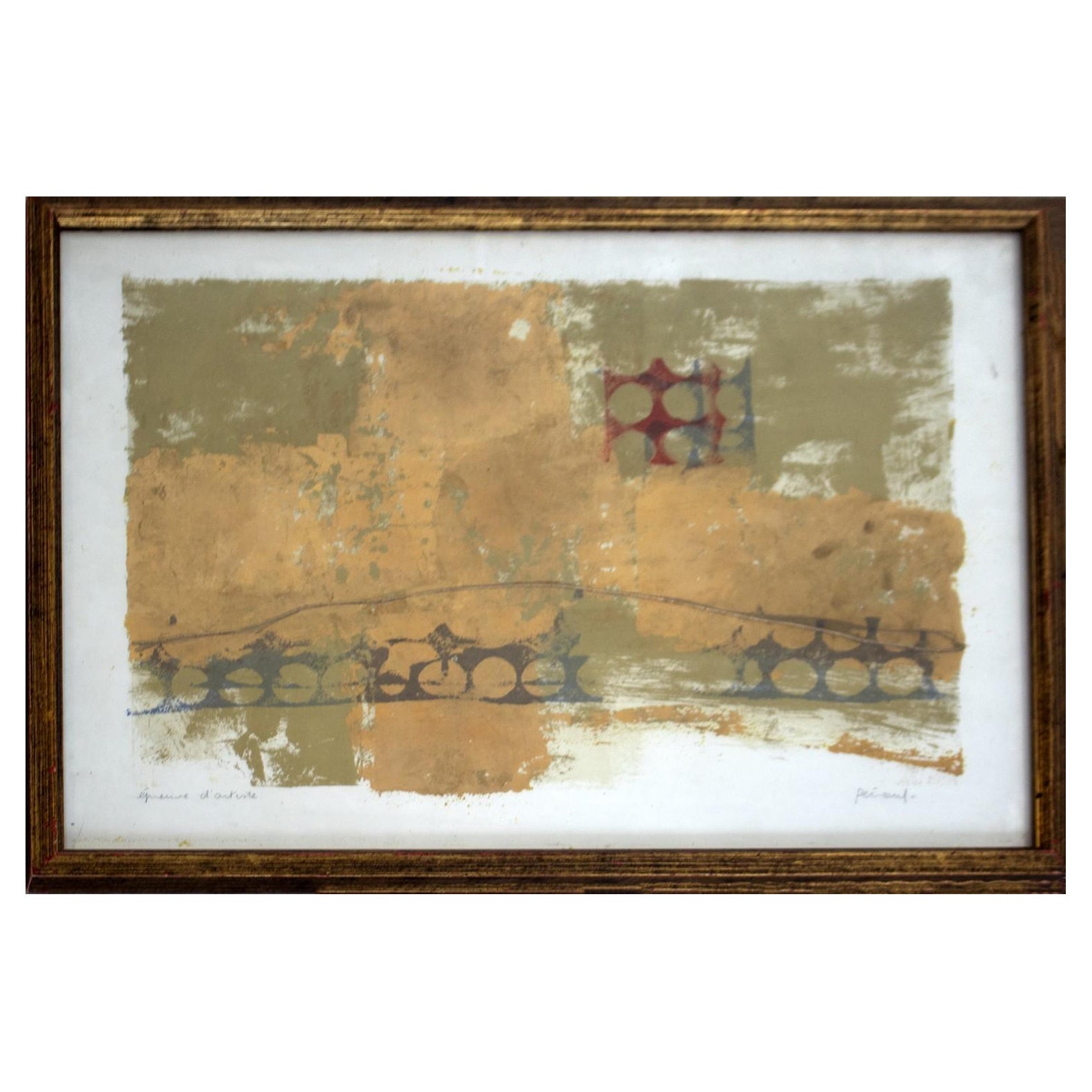 Pierre Pecoud - Peinture abstraite technique mixte moderne encadrée avec peinture dorée en vente