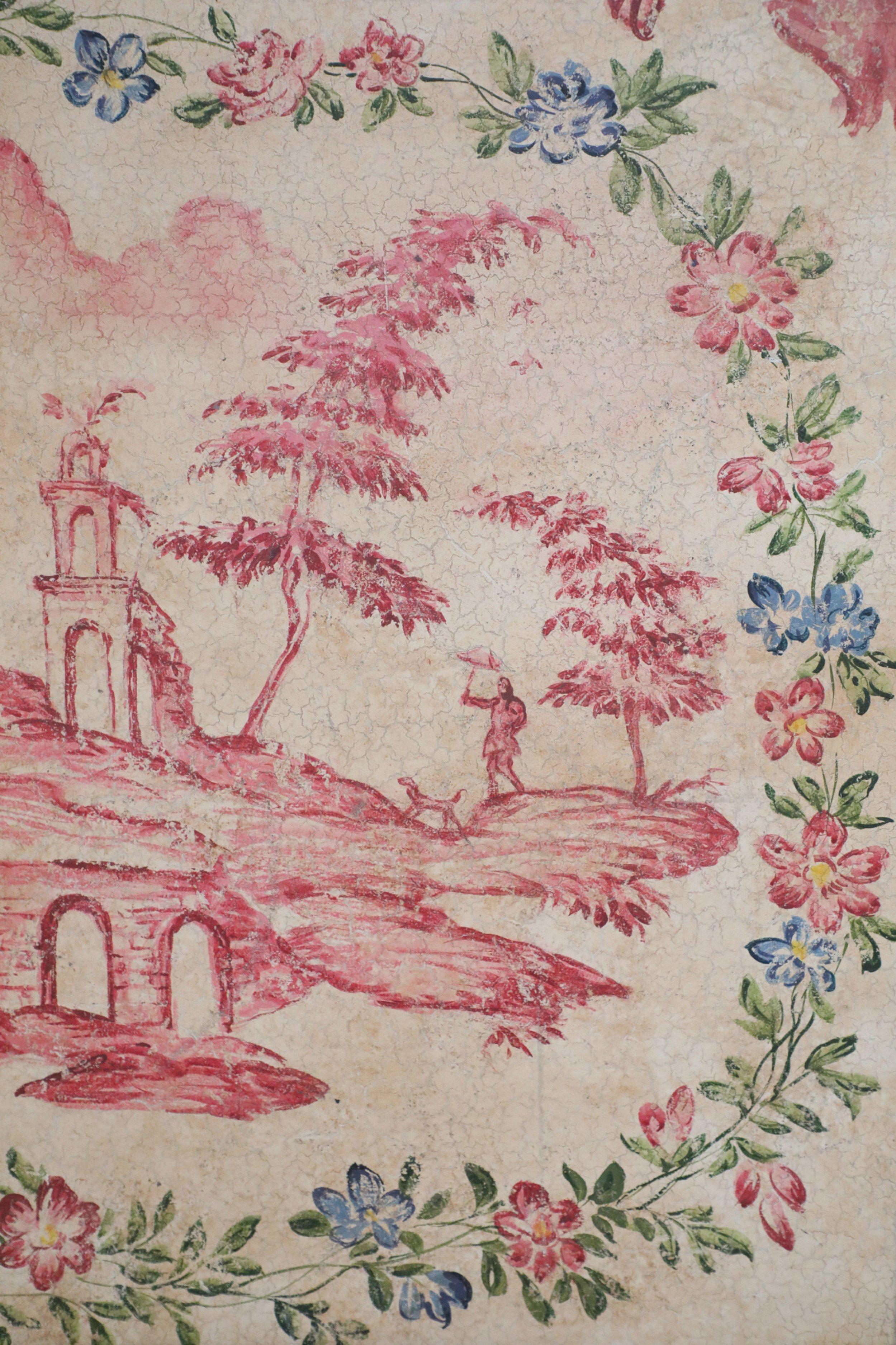 Acrylique Panneau peint en rose et vert encadré représentant un paysage chinois en vente