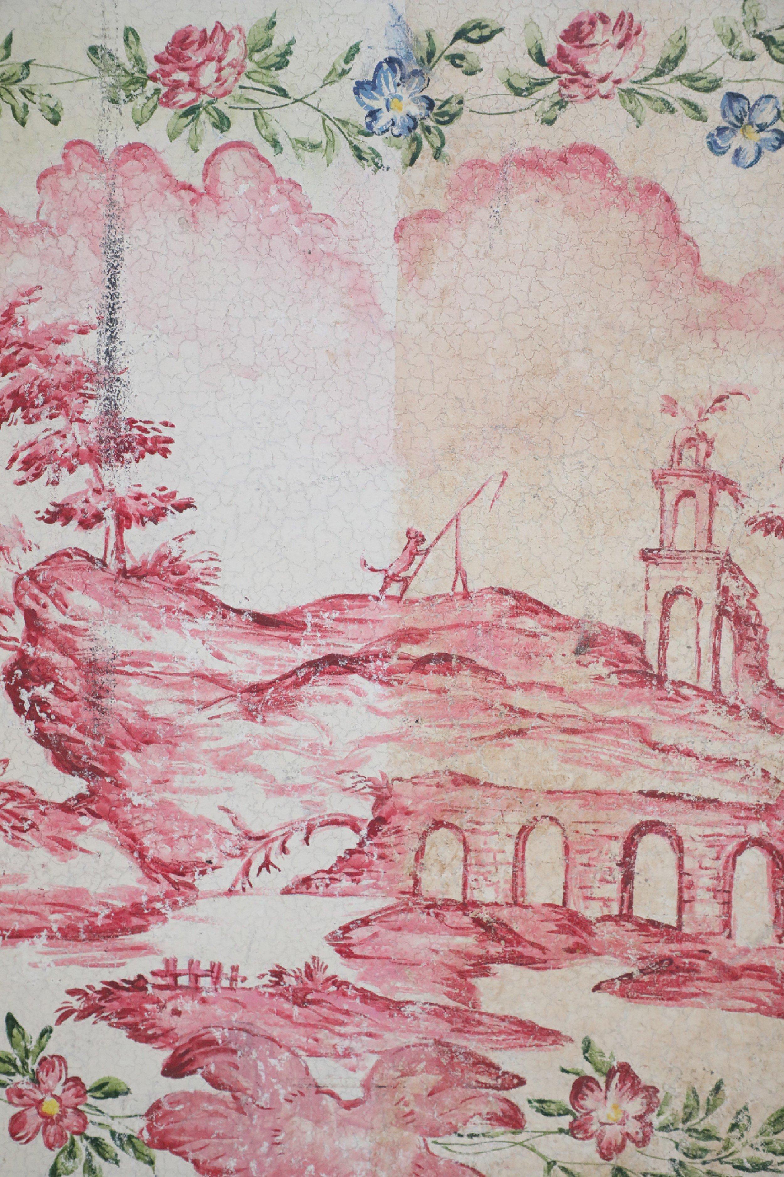 Gerahmte rosa und grüne bemalte Tafel, die eine chinesische Landschaft darstellt im Angebot 2