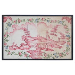 Gerahmte rosa und grüne bemalte Tafel mit der Darstellung einer chinesischen Landschaft