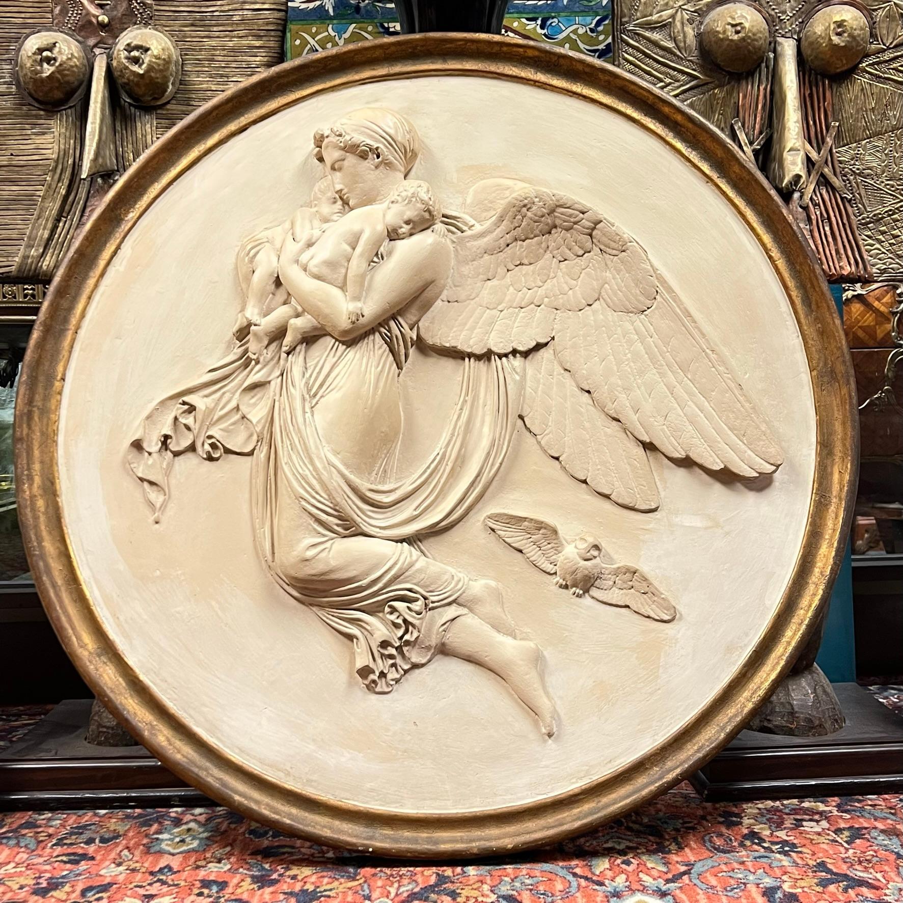 Framed plaster relief roundel of night after Bertel Thorvaldsen (1777-1840).