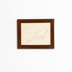 Framed Pointillist Drawing, Hand Signed, Mid-Century Modern Art