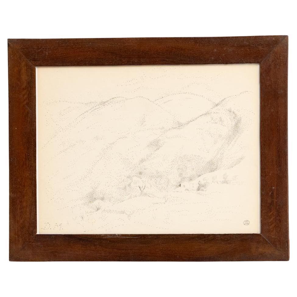 Framed Pointillist Drawing, Hand Signed, Mid-Century Modern Art