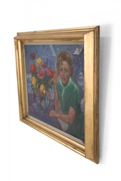 Framed Portrait of Woman in Green with Flowers Oil Painting