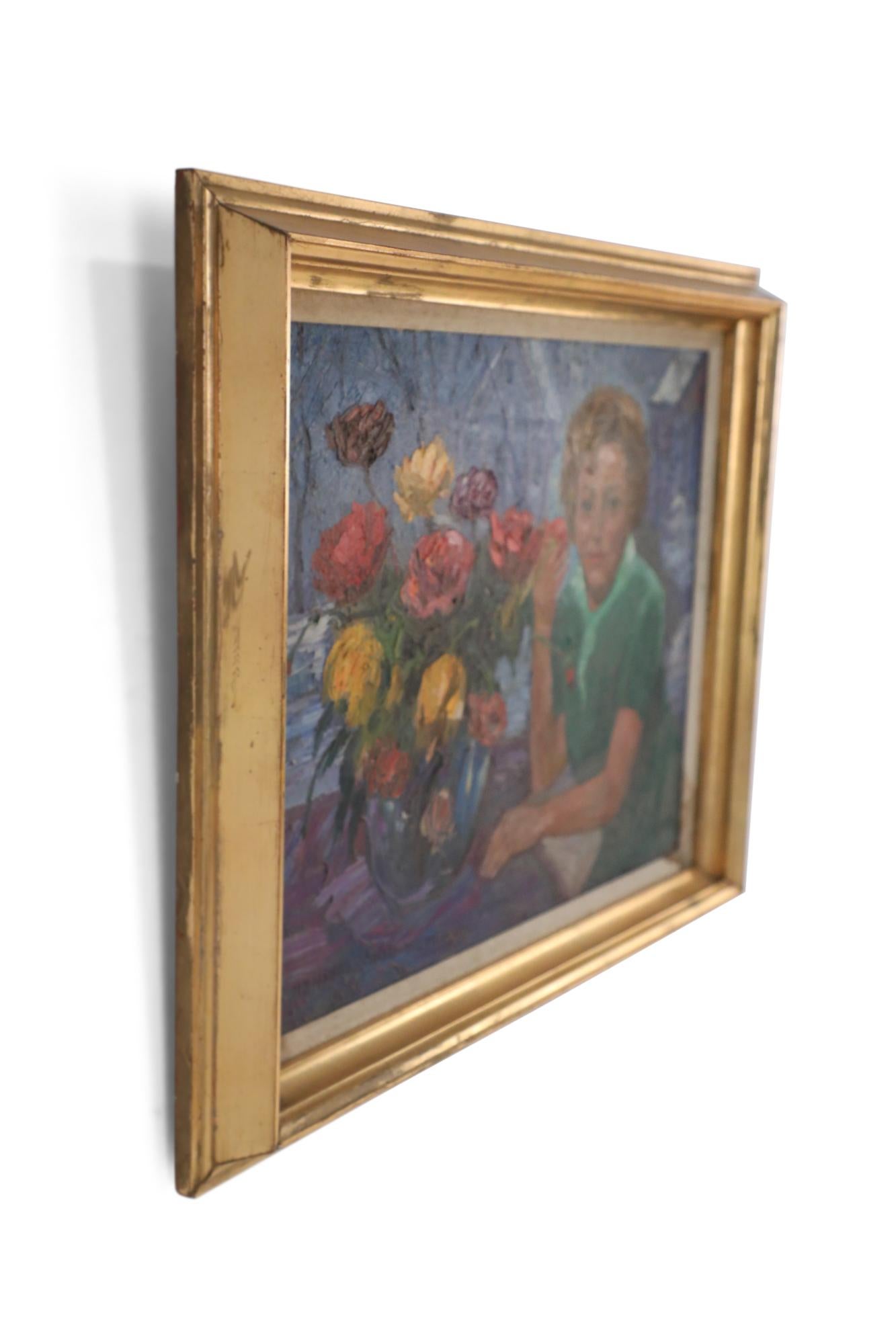 Mid-Century Modern Framed Portrait of Woman in Green with Flowers Oil Painting For Sale