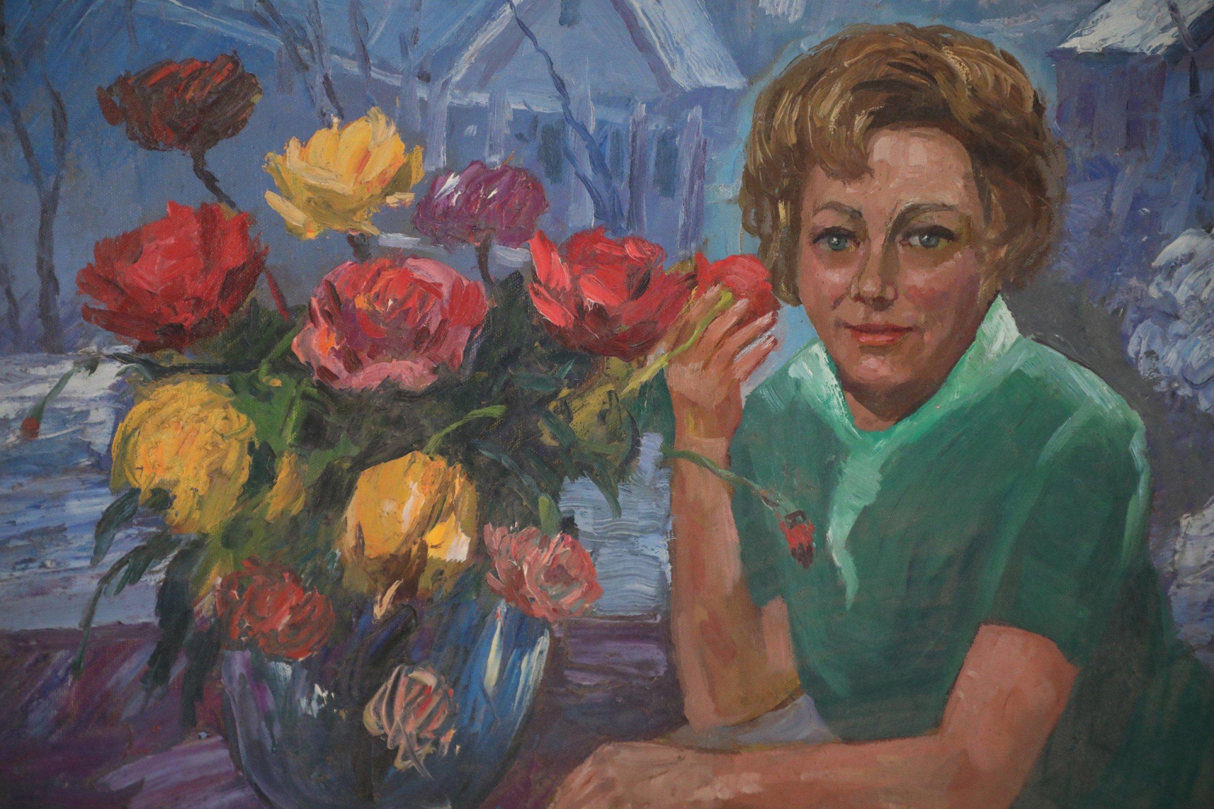 Américain Portrait de femme encadré en vert avec fleurs, peinture à l'huile en vente