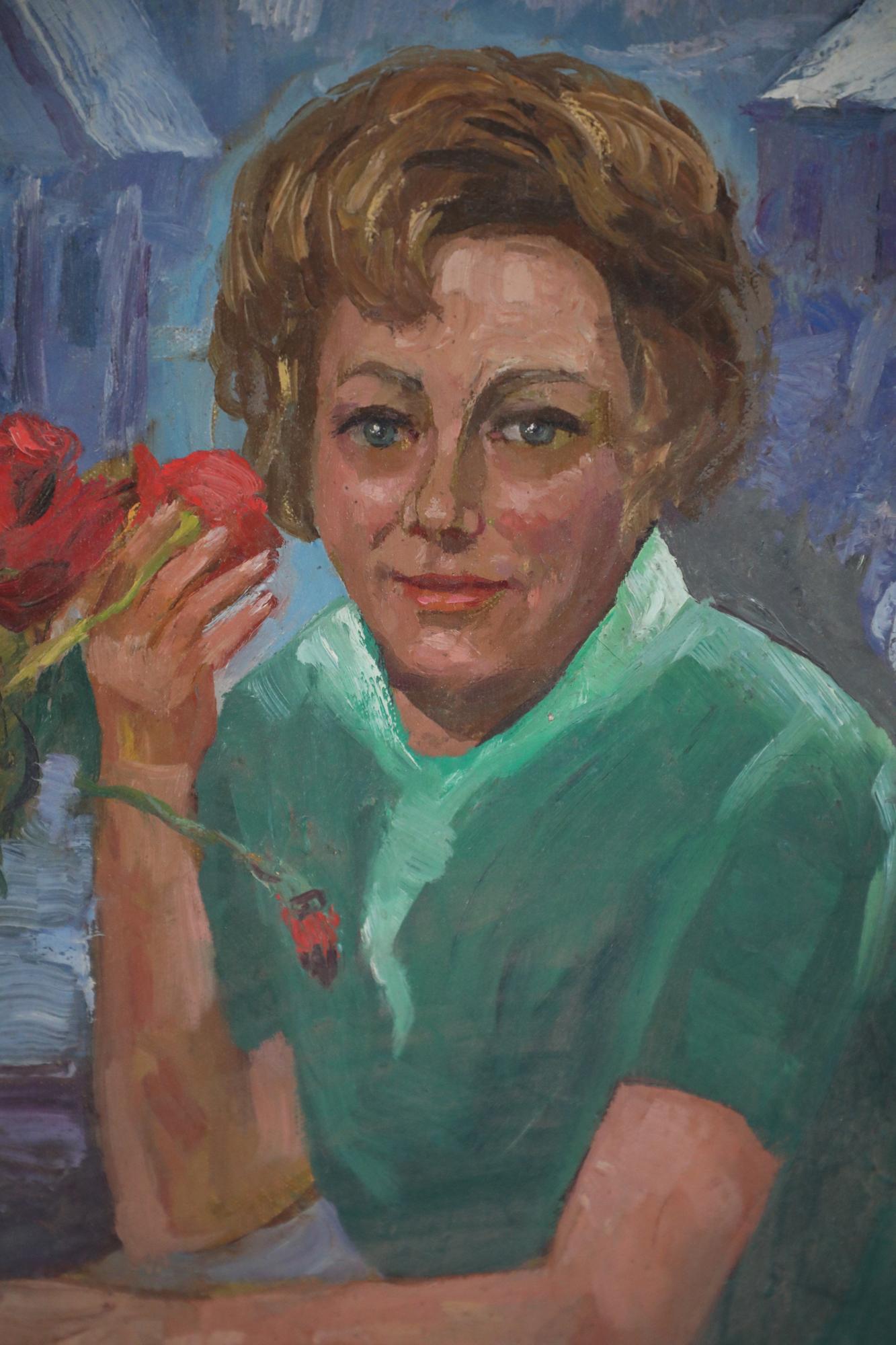 Huilé Portrait de femme encadré en vert avec fleurs, peinture à l'huile en vente