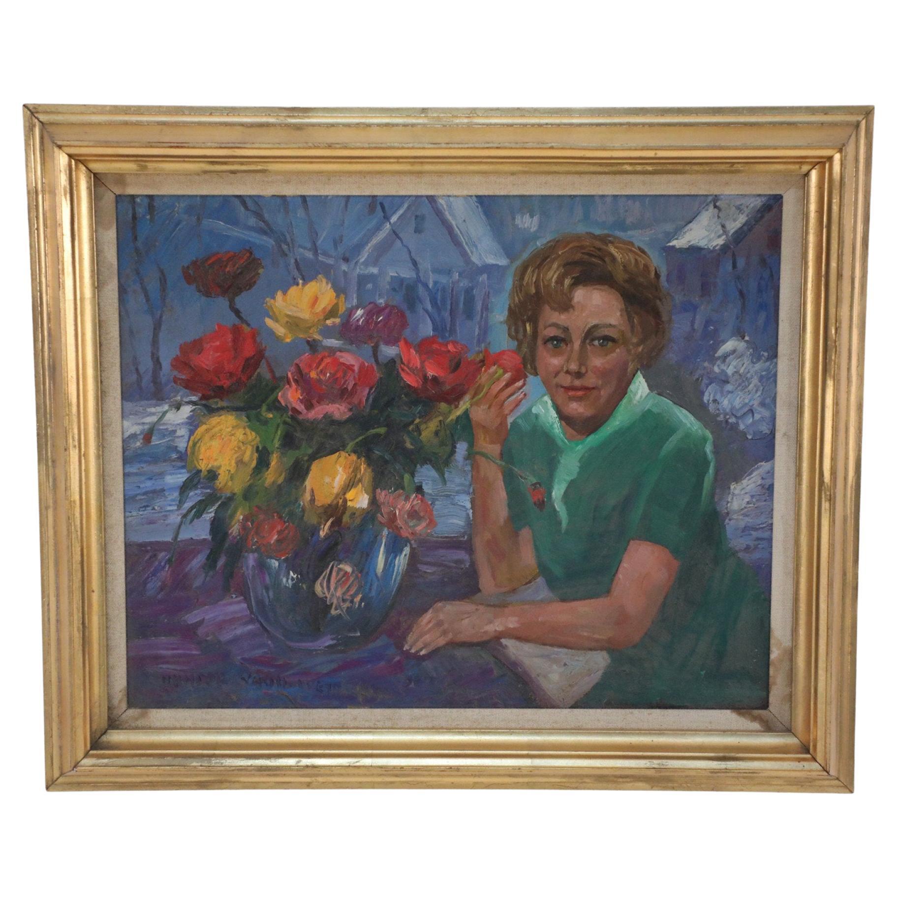 Framed Portrait of Woman in Green with Flowers Oil Painting For Sale