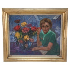 Framed Portrait of Woman in Green with Flowers Oil Painting