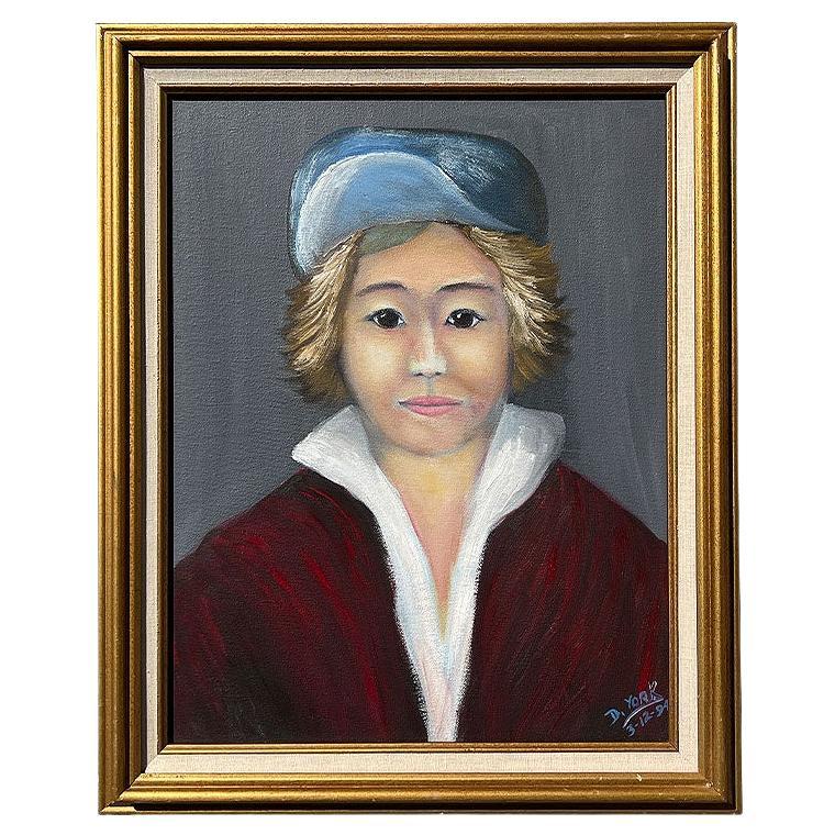 Framed Portrait Painting of a Young Boy in Red and Blue with Gilt Frame - Signed
