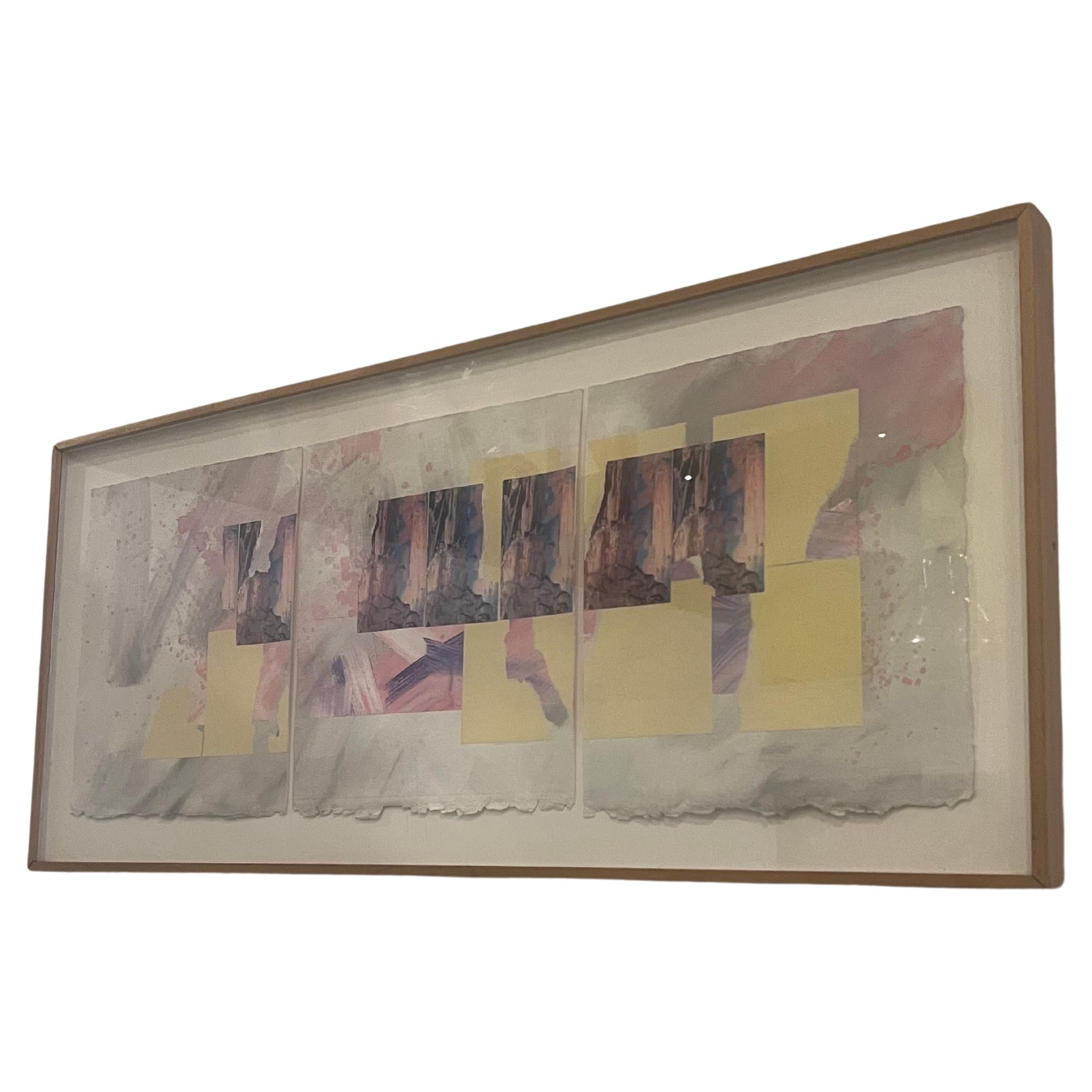 nicely museum quality framed Litho circa 1980's mixed medis on maple frame with lucite top great colors abstract subject.