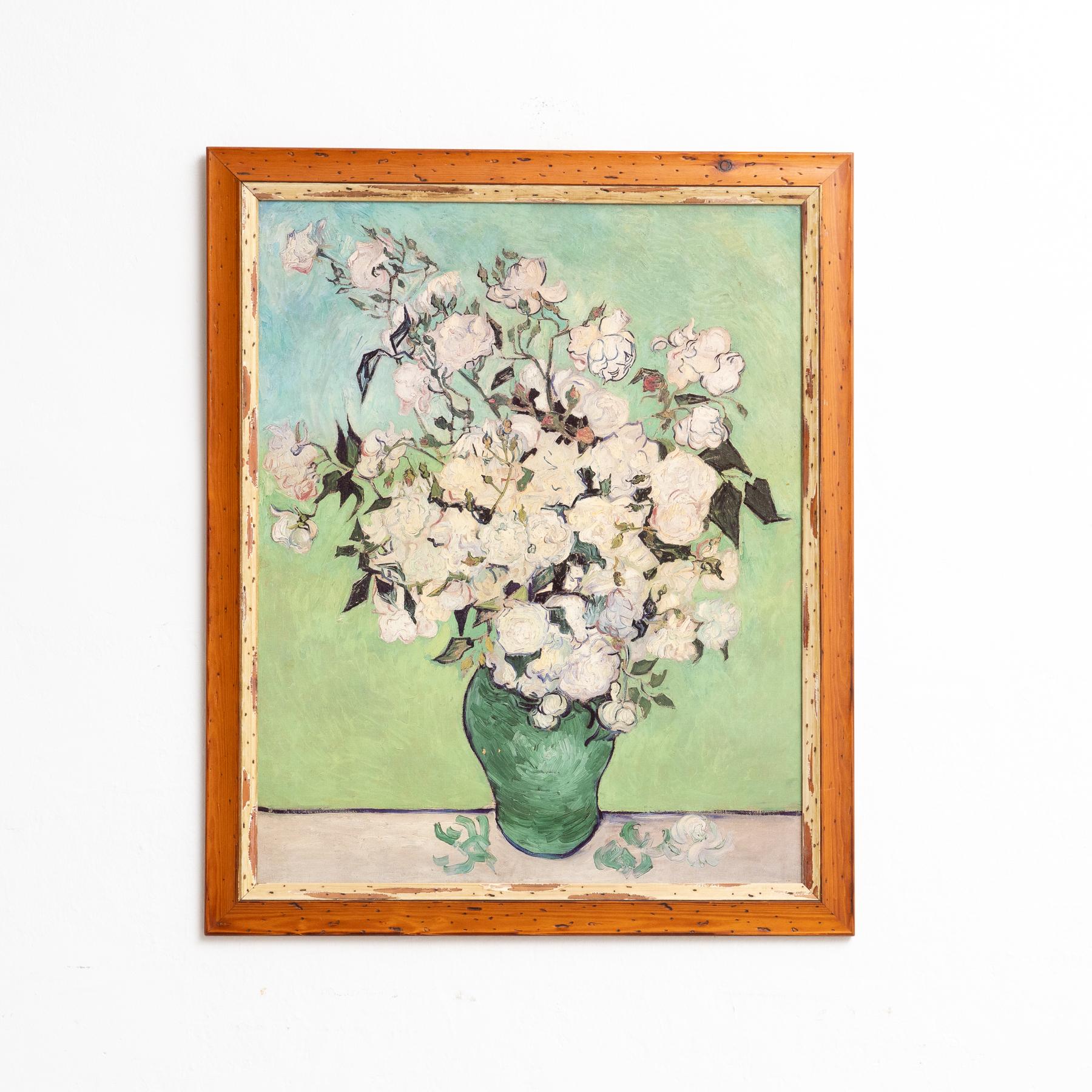 Questa splendida stampa incorniciata, creata sulla base di un'opera originale di Vincent van Gogh, presenta una vibrante rappresentazione di un vaso di ceramica pieno di fiori. La finitura verniciata della stampa le conferisce un aspetto
