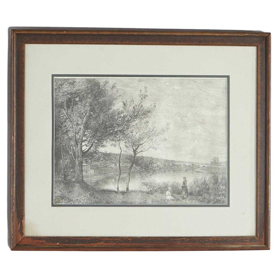 Framed Print, Copy after Corot French Impressionist La Sepia Landscape, 20th C For Sale