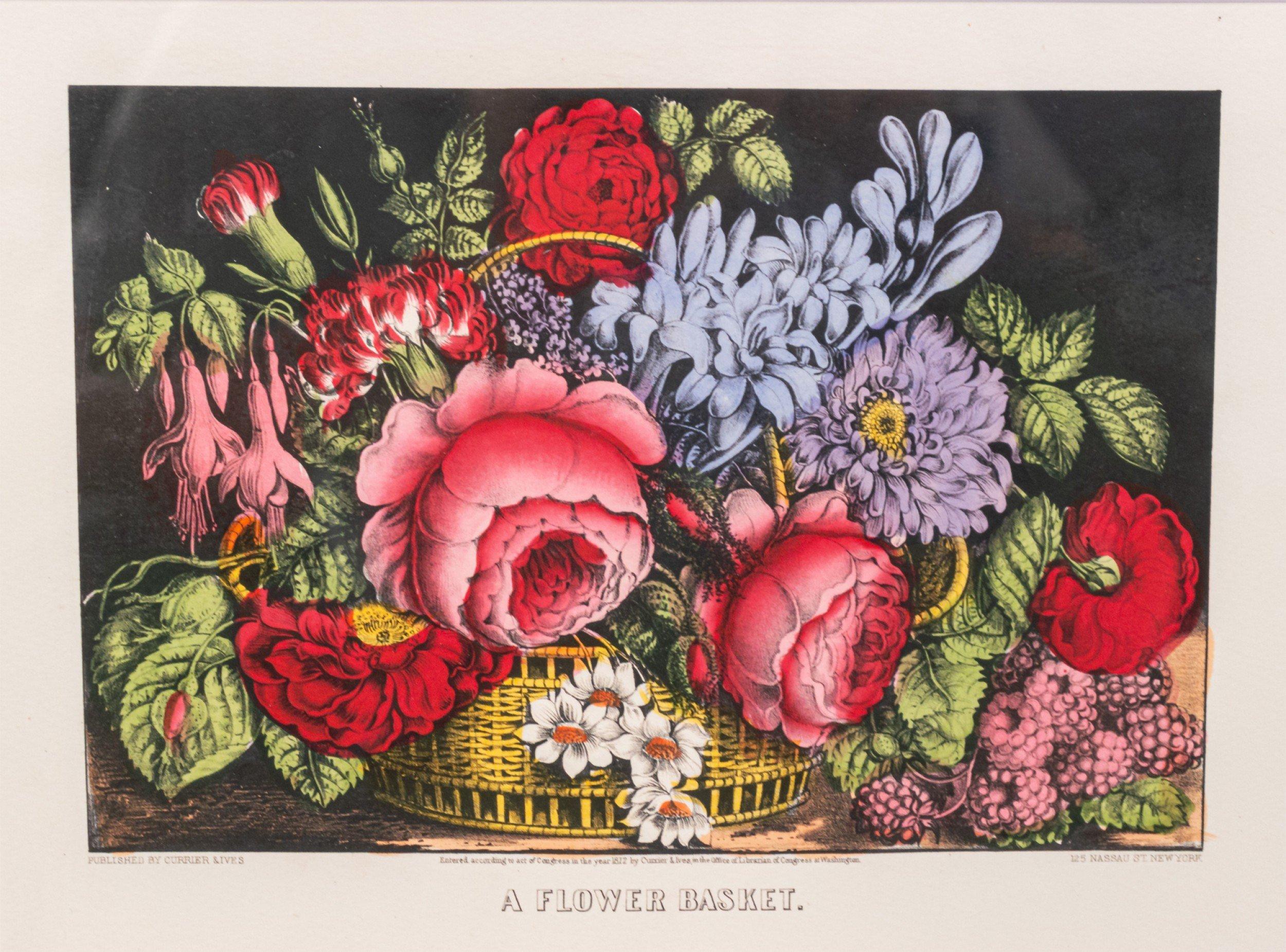 Gerahmter Druck eines Blumenkorbs mit Rahmen (Land) im Angebot