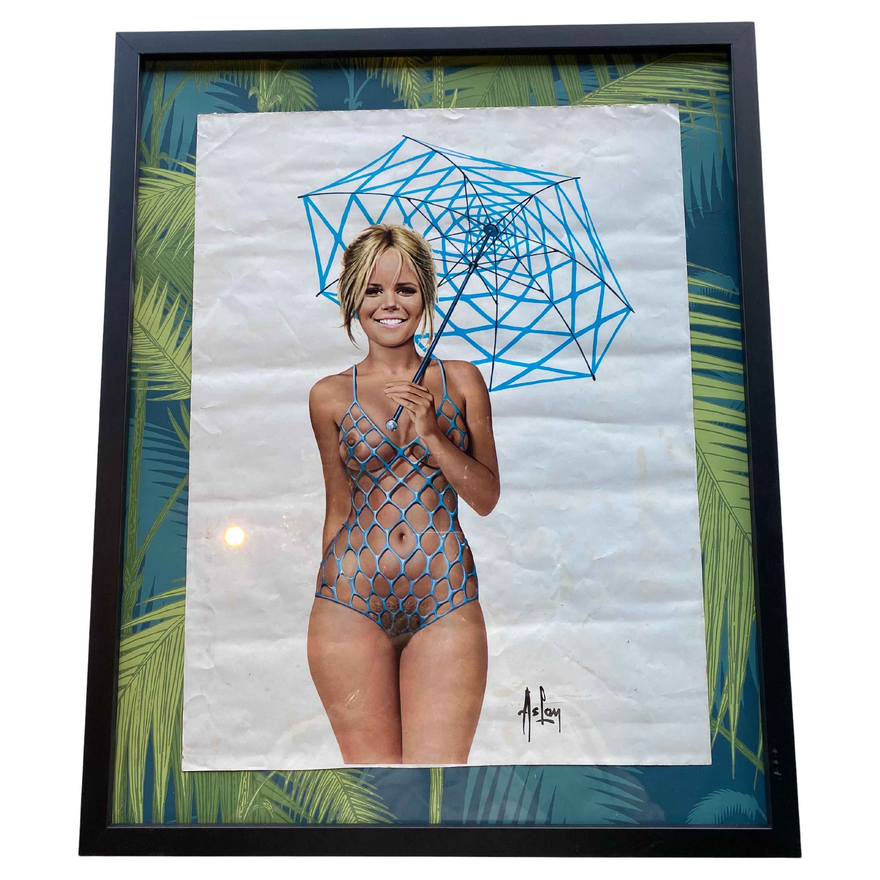 Framed Print of a Pin Up Girl circa 1970 by French Artist Aslan For Sale