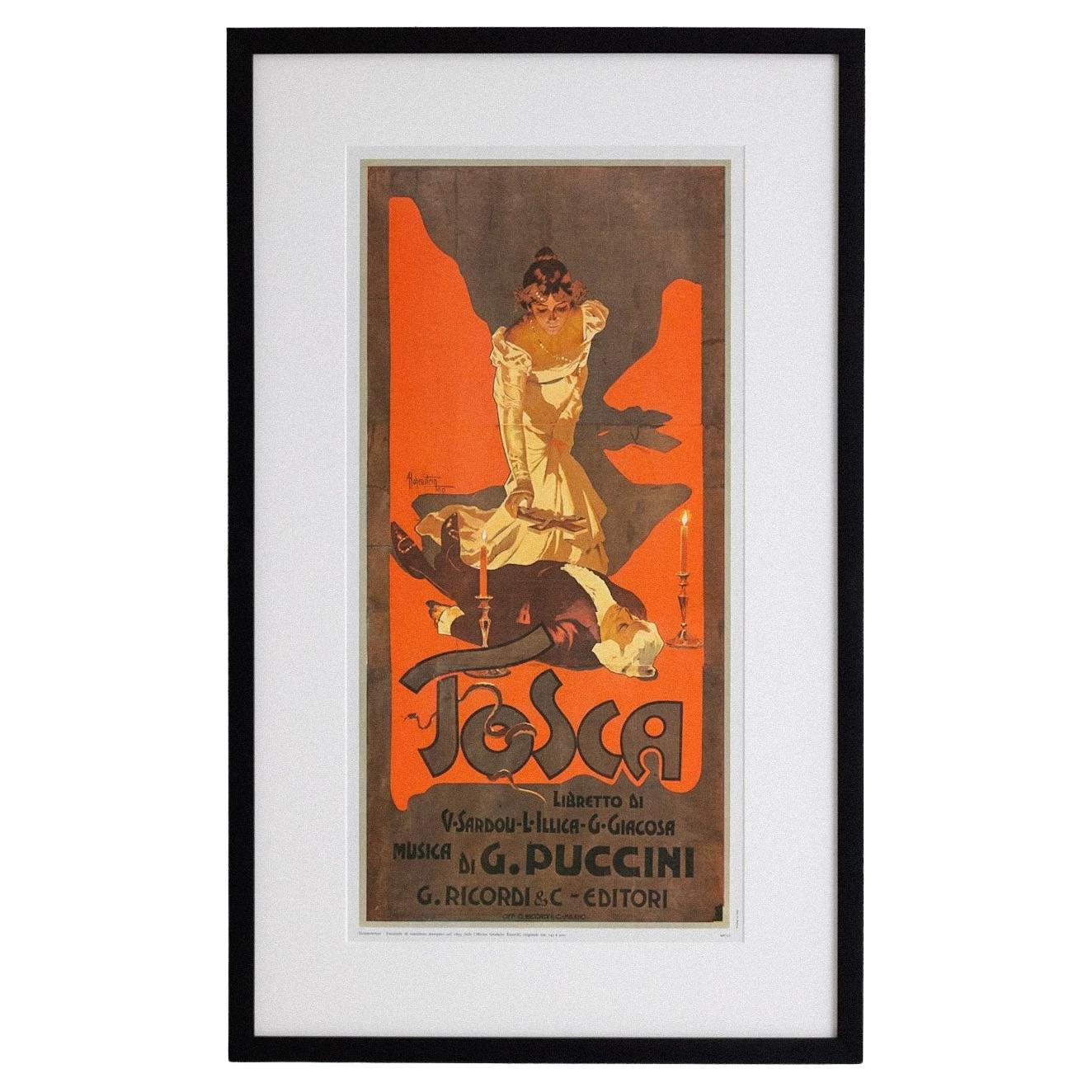 Stampa incorniciata del poster di Adolfo Hohenstein per la Tosca di Puccini in vendita