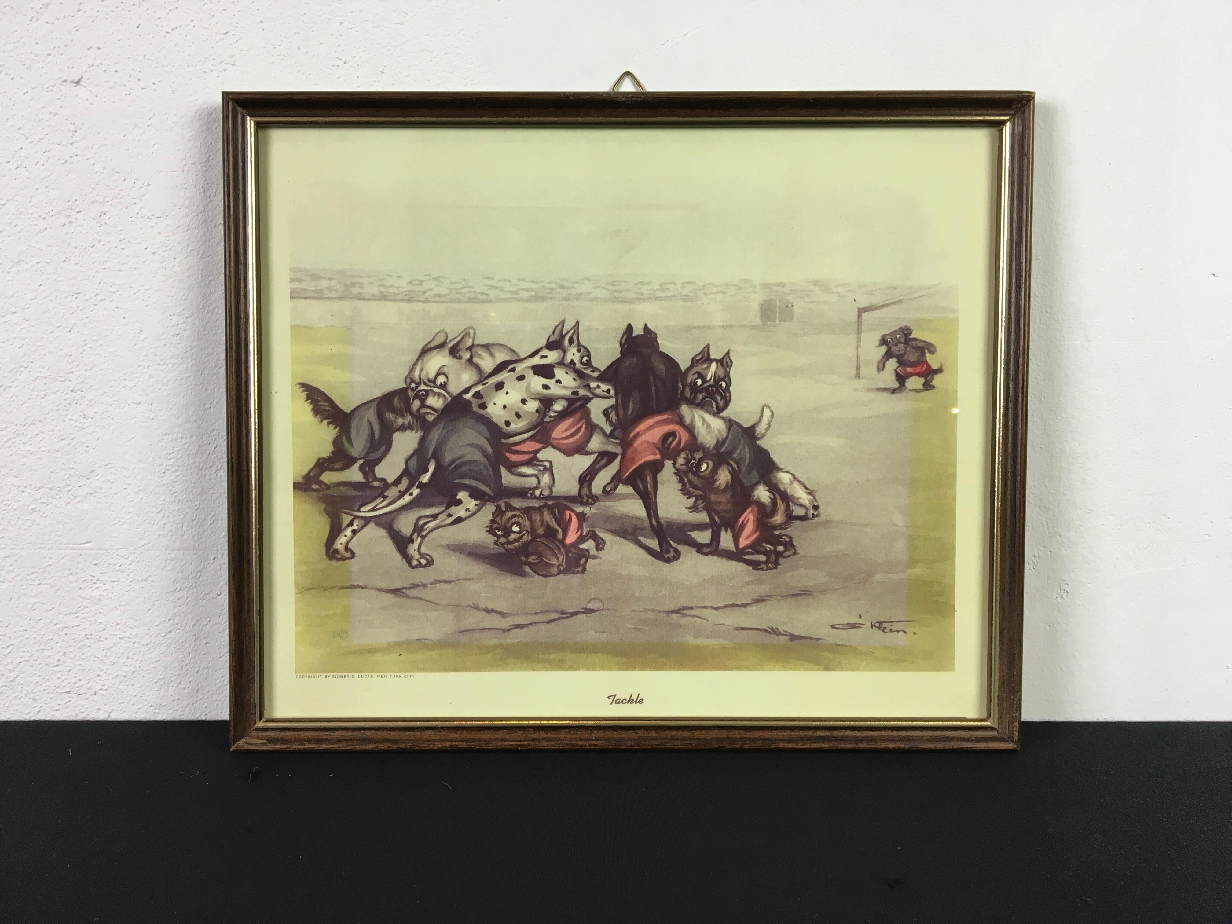 Framed print of dogs playing rugby. 
Hereby a scene of a rugby tackle where the little one escapes direction goal. 
All the rugby players are dogs : French Bulldog, English Bulldog, Harlequin Great Dane, Schnauzer, etc ... 
Ilustrated by Boris O'