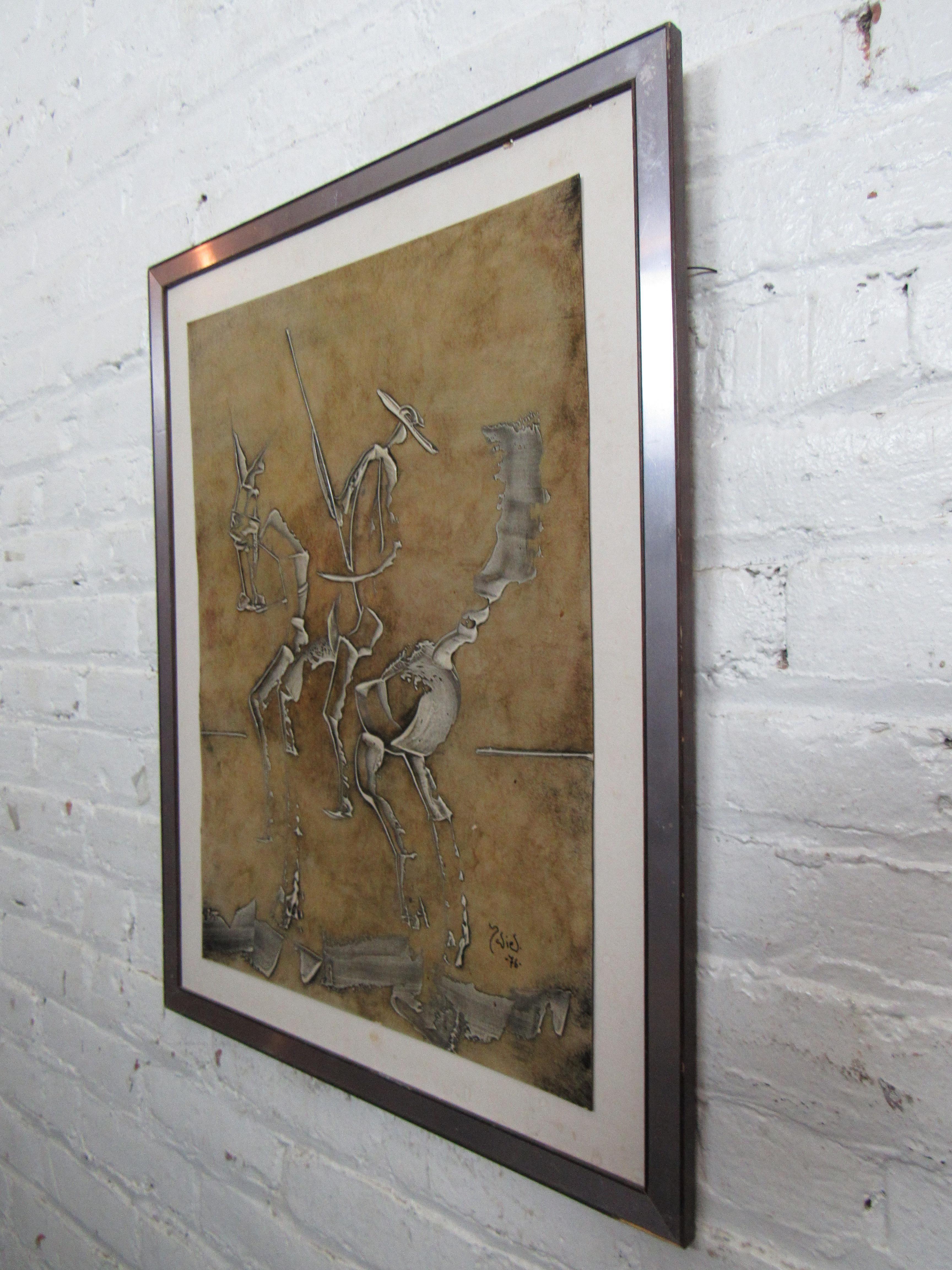 Held in a brushed metal frame and glass cover, this print of a Don Quixote-inspired artwork is signed by the artist and dated 1976. Please confirm item location with seller (NY/NJ).