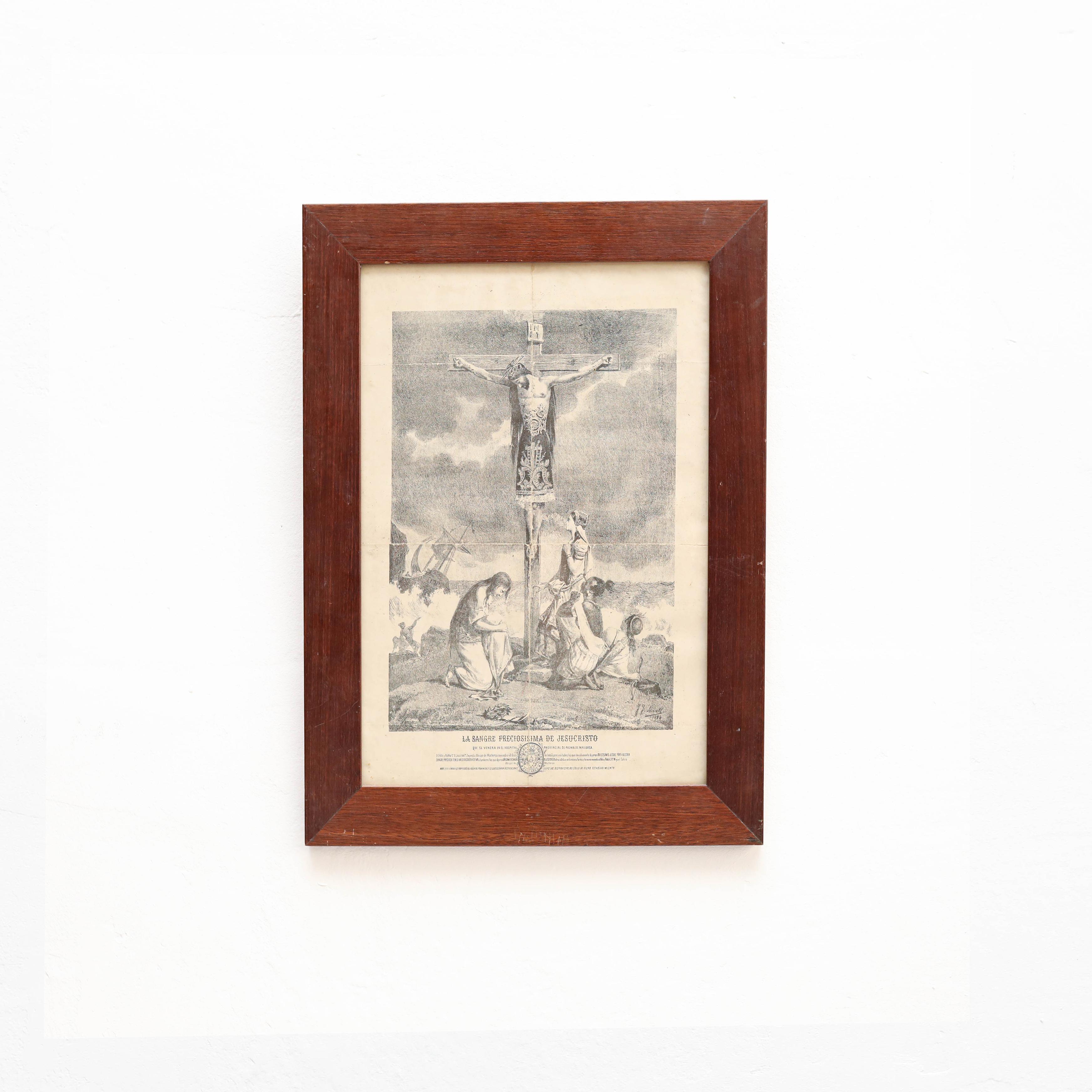 Mid-Century Modern Framed Print of Jesus on the cross, Engraving on Paper, circa 1930 For Sale