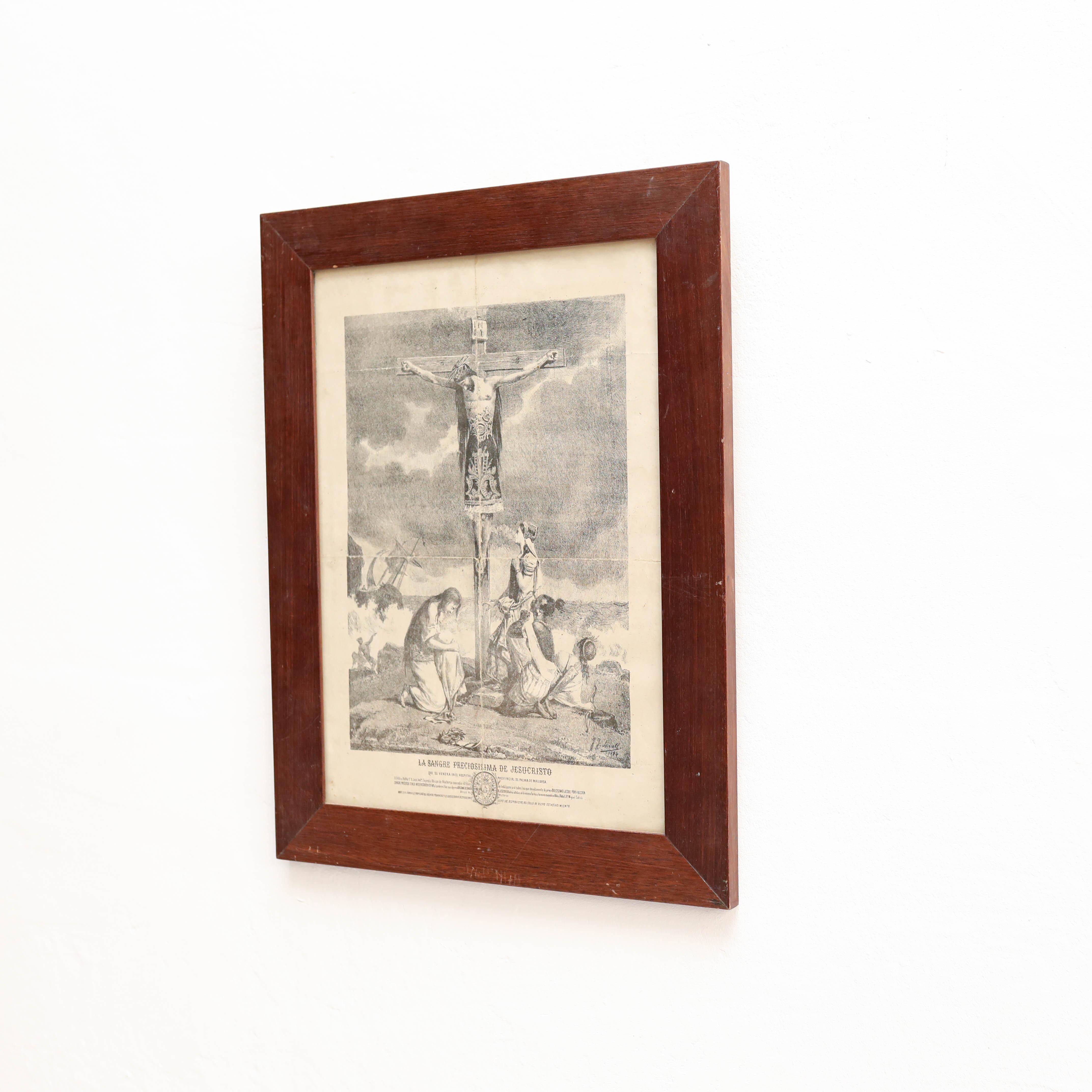 Spanish Framed Print of Jesus on the cross, Engraving on Paper, circa 1930 For Sale