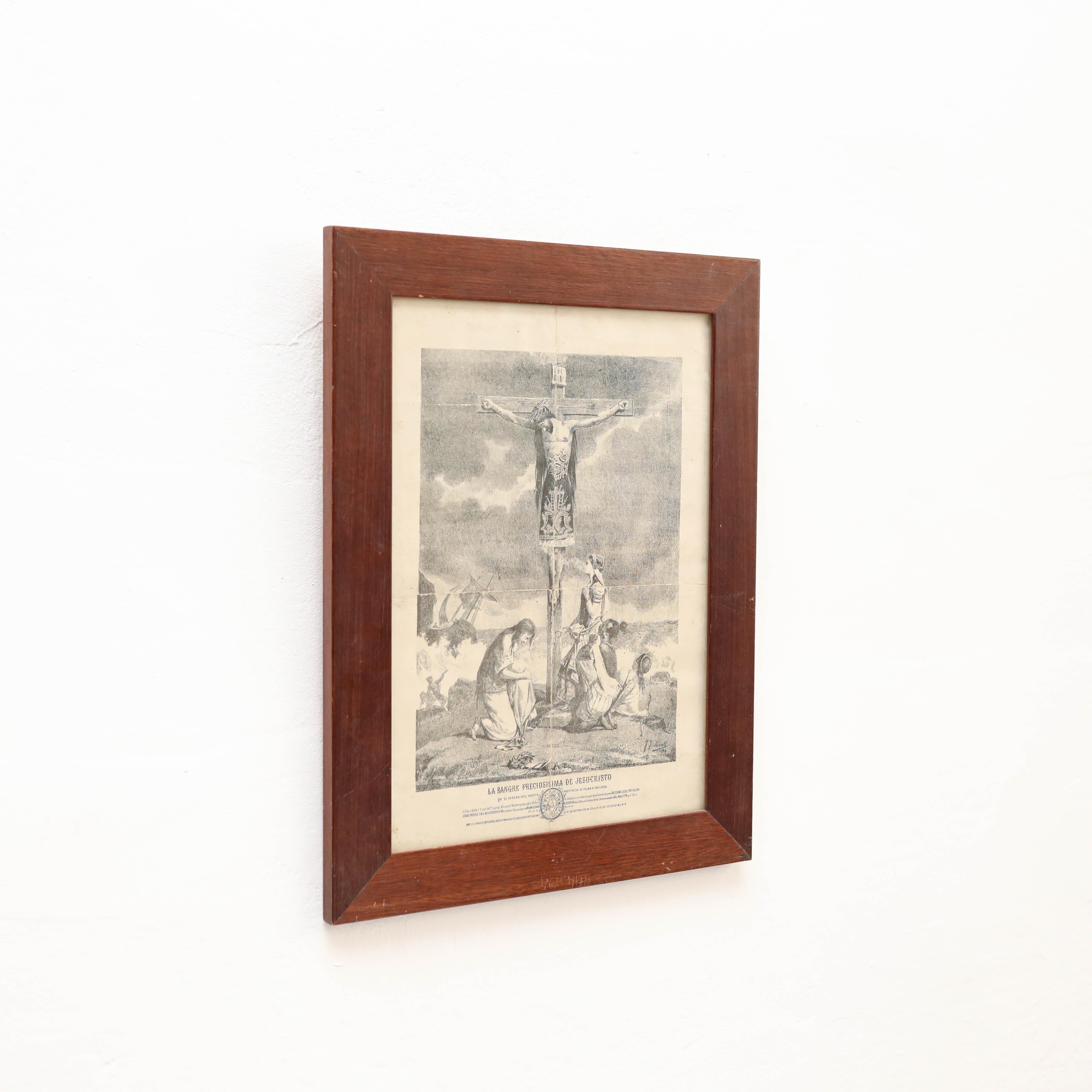 Framed Print of Jesus on the cross, Engraving on Paper, circa 1930 In Fair Condition For Sale In Barcelona, Barcelona