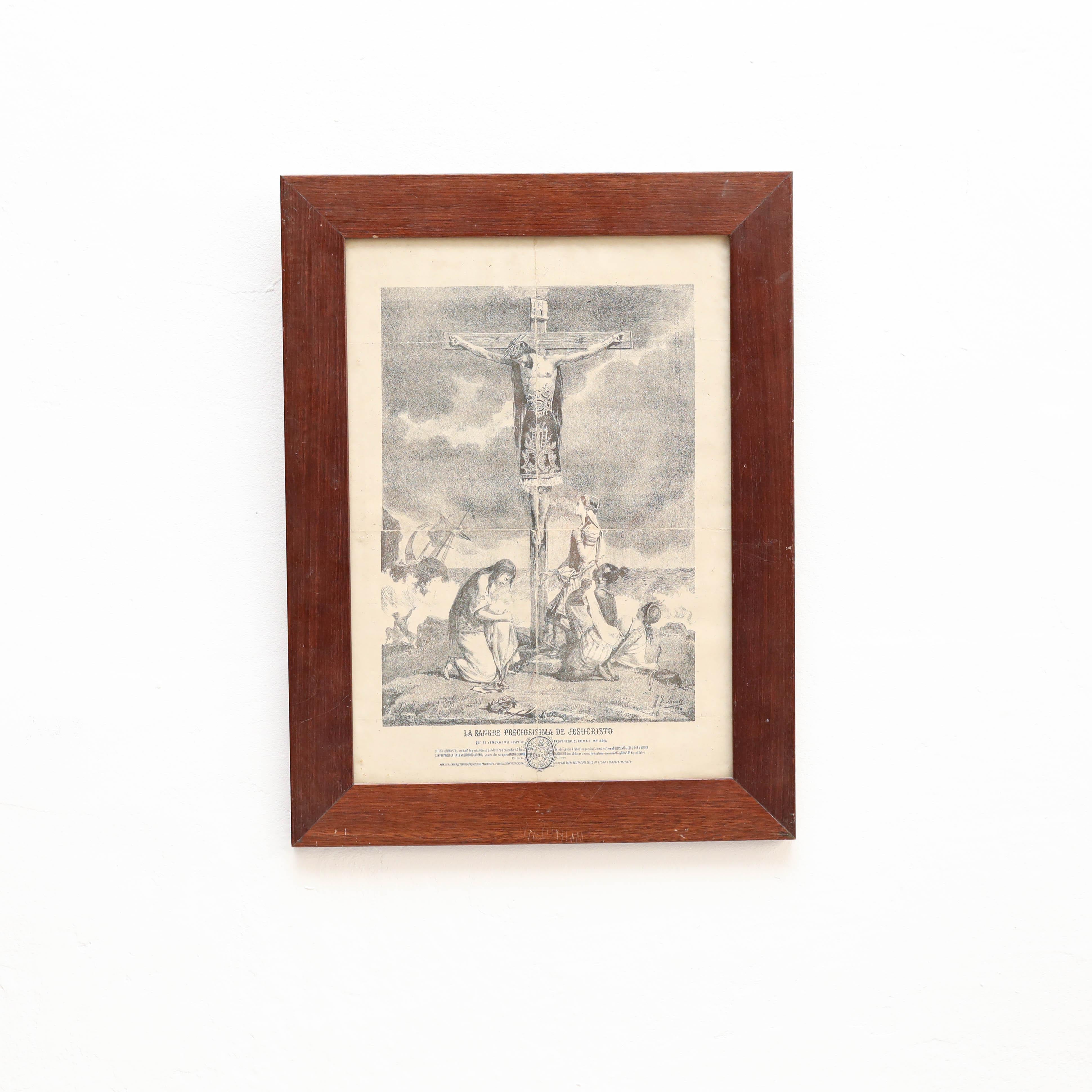 Milieu du XXe siècle Impression encadrée de Jésus sur la croix, gravure sur papier, datant d'environ 1930  en vente